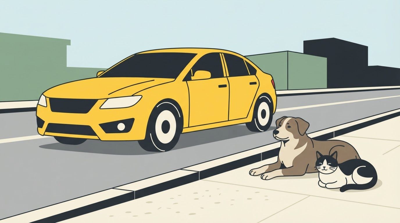 AI Design for 1. Main composition and visual hierarchy
Design a portrait-oriented poster with a balanced, carefully structured composition and an immediate visual focal point.
- Primary subject: the car. Illustrate a clearly recognizable modern passenger car occupying the central or upper-middle portion of the composition. Show the vehicle in a readable three-quarter front-side view, with distinct wheels, windows, headlights, bumper, windshield, and body panels. Keep the proportions believable while simplifying the details into bold vector shapes.
- Secondary subjects: the dog and cat. Place a dog and a cat resting peacefully beside the same street, clearly separated from the car's wheels and path. Both animals must be fully visible, identifiable at first glance, and large enough to remain readable when the poster is viewed from a distance.
- Street environment. Depict the road using a few strong geometric elements, such as a broad roadway, curb, pavement, and simplified lane markings. The road must be unmistakable without requiring a detailed cityscape.
- Visual relationship. Establish a clear spatial relationship between the car, roadway, curb, and animals. The car should appear to be travelling along the street or slowing down near the animals, while the dog and cat occupy a safe resting area beside the road. Their placement should communicate that drivers must remain alert and give animals space.
- Negative space. Preserve generous uncluttered space, particularly in the upper section and around the main illustration, so campaign organizers can add a protest slogan, event information, or supporting text later in a design application.
2. Character design: dog and cat
Illustrate the animals using expressive yet simplified vector forms.
Dog: A friendly, medium-sized street dog with recognizable canine proportions, upright or relaxed ears, a clear muzzle, four distinguishable legs, and a naturally curved tail. Show the dog lying comfortably on the pavement beside the curb, with its body resting on the ground and its head slightly raised. Its posture should communicate calmness, vulnerability, and the right to occupy public space safely.
Cat: A recognizable domestic street cat resting beside the dog. Give it pointed ears, a rounded body, a distinct tail, and clearly defined paws. Show the cat sitting in a relaxed position or curled up comfortably near the curb. Ensure its silhouette remains visually distinct from the dog's silhouette.
The dog and cat should have a gentle, peaceful presence rather than exaggerated cartoon expressions. Avoid anthropomorphic poses, clothing, human facial expressions, or overly cute mascot styling. Their visual appeal should come from clean silhouettes, thoughtful proportions, and simple, expressive shapes.
3. Car design and road safety storytelling
The car must be immediately recognizable as a road vehicle, not a generic abstract shape.
- Use a conventional passenger-car silhouette with accurate wheel placement and a clearly defined front and rear.
- Ensure both wheels are visible where the chosen perspective permits, with circular tires and simple hub details.
- Keep the vehicle's perspective consistent with the road and surrounding objects.
- Position the vehicle so it does not obscure the animals or overlap their silhouettes.
- Show a clear margin between the car's wheels and the resting animals.
- Use a grounded perspective, with the road, curb, and pavement aligned logically.
- If appropriate, incorporate a simple road-edge marking or curb boundary to reinforce the separation between the vehicle lane and the animals' resting area.
The intended narrative should be immediately understood: vehicles share streets with animals, and responsible driving helps keep them safe. Convey urgency through graphic contrast and purposeful composition, not through depictions of accidents, injured animals, or graphic violence.
4. Color palette
Use a limited, high-contrast palette suitable for a protest poster that needs to attract attention in public spaces.

Use warm ivory or pale cream as the main background, charcoal for strong outlines and road details, and protest red or safety yellow for selected high-impact areas. Muted green may be used sparingly for small environmental accents.
Maintain clear contrast between the car, animals, pavement, and background. Give the dog and cat distinct coat colors so their silhouettes do not merge with the roadway. Avoid using too many colors or gradients, and ensure that the artwork remains effective when reproduced using inexpensive poster printing.
5. Graphic language and finish
- Strictly flat, two-dimensional vector artwork.
- Solid color fills with clean, precise edges.
- Bold, simplified geometric construction.
- Consistent line weight and deliberate silhouette design.
- Strong figure-ground separation.
- Minimal environmental details.
- Contemporary editorial illustration with the visual impact of a protest graphic.
- Carefully controlled asymmetry to create movement without making the layout feel unstable.
- Crisp, polished shapes that resemble professionally produced vector artwork.
- High legibility at both close range and from across a street.
- Print-friendly colors and clean outer contours.
The artwork should feel serious enough for a public protest, compassionate toward street animals, and visually powerful without becoming aggressive or overly decorative.
6. Poster layout and print specifications
- Format: Portrait poster, preferably 2:3 aspect ratio, adaptable to A3 or A2 printing.
- Composition: One unified illustration with a clear central focal point.
- Visual hierarchy: Car first, dog and cat second, simplified street environment third.
- Margins: Keep all essential illustrated elements within a comfortable print-safe area.
- Text: Absolutely no text, letters, numbers, captions, slogans, signage, watermarks, or logos.
- Background: Simple, uncluttered, and integrated with the vector scene.
- Output quality: High-resolution, sharp-edged artwork suitable for large-format printing and subsequent graphic design editing.
7. Negative prompt
Photorealism, hyperrealistic rendering, 3D models, CGI, glossy surfaces, painterly brushwork, watercolor, oil painting, pencil sketches, photographic textures, complex gradients, excessive shadows, dramatic cinematic lighting, overly detailed buildings, crowded traffic, multiple distracting vehicles, distorted car proportions, incorrect wheel placement, floating objects, inconsistent perspective, anatomically confusing animals, extra legs, missing paws, fused animal silhouettes, obscured dog, obscured cat, animals positioned directly under wheels, animals blocking the car's wheels, injured animals, blood, accident scenes, aggressive animals, anthropomorphic characters, excessive decorative elements, busy patterns, complicated backgrounds, illegible details, text, typography, letters, numbers, logos, watermarks, borders that crowd the artwork.
Final creative direction: The finished poster should resemble a bold, professionally art-directed animal welfare protest graphic. At first glance, viewers should recognize a car on a street and a dog and cat resting safely beside it. The illustration should be emotionally engaging, compositionally balanced, visually direct, and completely free of text, leaving the campaign message open for later customization.

This is a wide 16:9 image for video. Design the layout for that shape. Fill the whole frame edge to edge and scale the subject large. Do not leave empty margin.
