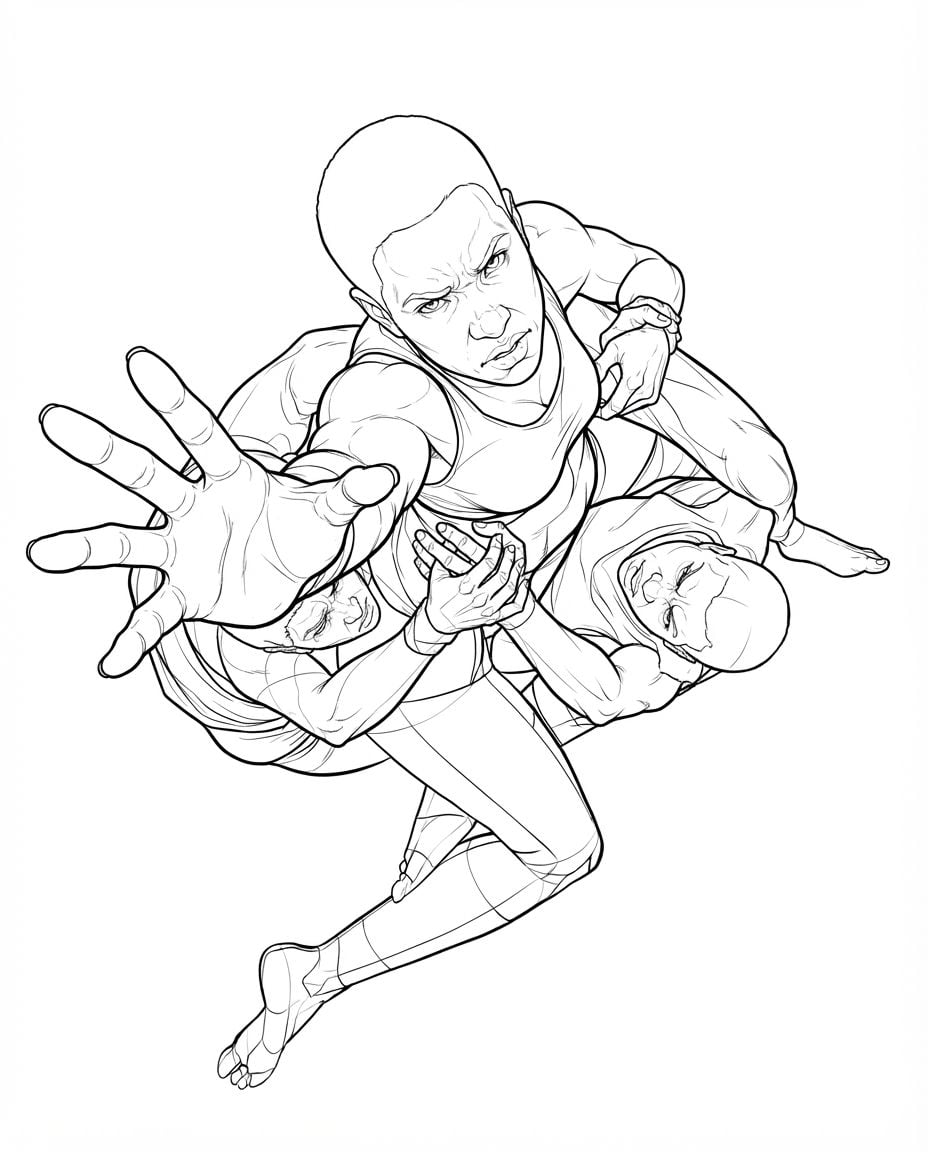 AI Design for create highly detailed professional lineart illustration similar to the reference image buit showing two human beings entangled holding each other but pulling apart at the same time as one of them stretches one hand out towards us. dramatic, foreshortening view. make it look very unique and eye catching , bold clean lines, clear details, accurate symmetry. only black and whuite illustration on solid white background