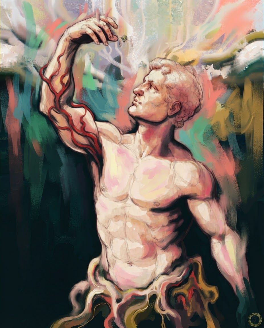 AI Design for redraw the second image in the exact same art style as the first image, painterly, surreal, abstract colourful