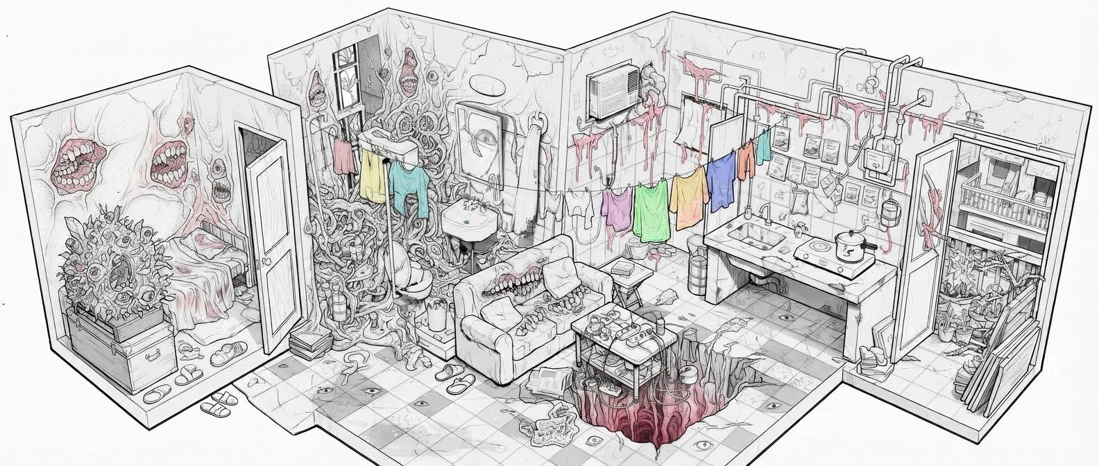 AI Design for create a detailed isometric lineart illustration in the same artstyle as the first reference image showing an accurate representation of Bangladeshi middle class housing architecture and residency space, ensure same art style and angle of view, emphasize on the disregulated nature of spaces that are meant to accomodate people avoidant of consideration to human centric design. but the final composition will be surreal, depicting the correlation between architecture and mental health