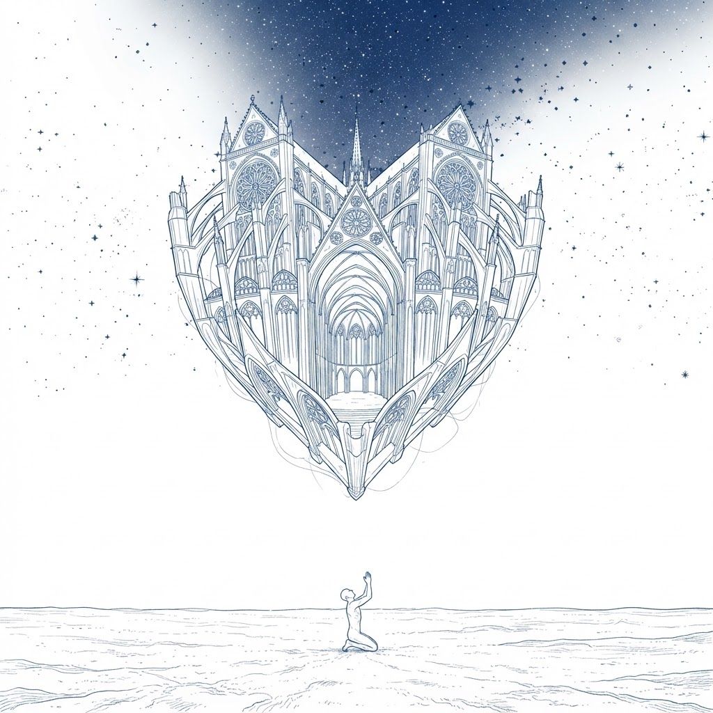 AI Design for A tiny human figure worshipping an enormous floating heart-shaped cathedral, surreal minimalist architecture, delicate lines, dreamlike symbolism of devotion and emotional attachment.