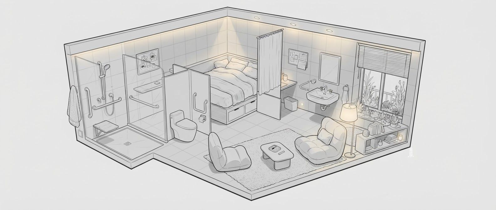 create a detailed isometric lineart illustration in the same artstyle as the reference image showing an accurate representation of holistic human centric designed space for psychosocial rehabilitation architecture for a full residential space, ensure same art style and angle of view, emphasize on ergonomically considerate and  consideration to human centric design