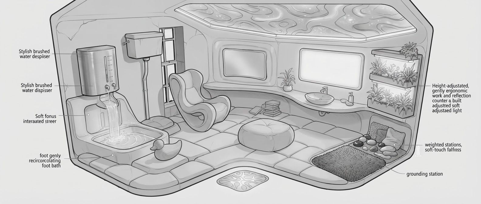 AI Design for create a detailed isometric lineart illustration in the same artstyle as the reference image showing an surreal representation of a home space that is designed to nurture and support the mental wellbeing of a human being, ensure same art style and angle of view, emphasize on ergonomically considerate and  consideration to human centric design