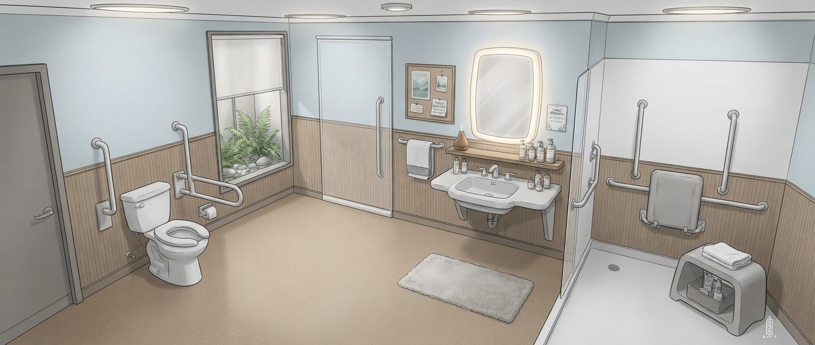 create a detailed isometric lineart illustration in the same artstyle as the reference image showing an accurate representation of holistic human centric designed space for psychosocial rehabilitation architecture for a full rehab unit, ensure same art style and angle of view, emphasize on ergonomically considerate and  consideration to human centric design