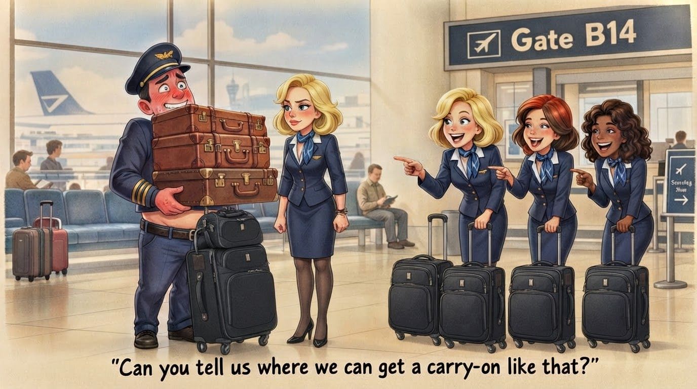 AI Design for please revise the image accordaing to these adjustments.
The pilot: Can to show him with his eyes opened? Keep his smile and red face but show him more nervous and embarrassed than looking like he's lifting something heavy.
Also (I'll send you a picture of this too) can you have one of the bags he's hold be an actually black suitcase with wheels (check reference image)? It would make it look more modern. Show that black suitcase and maybe one or with other regular bags stacked up to his chest. Lastly about the pilot.
Next the flight attendant by the pilot: Show her stand more upright with her arm straight still making a fist as it is
Lastly the other three Flight Attendants: All you need to do is show all of them with their black suitcase with wheels stand by them. Let me know if you have any questions.
Have their suitcases look like the second image