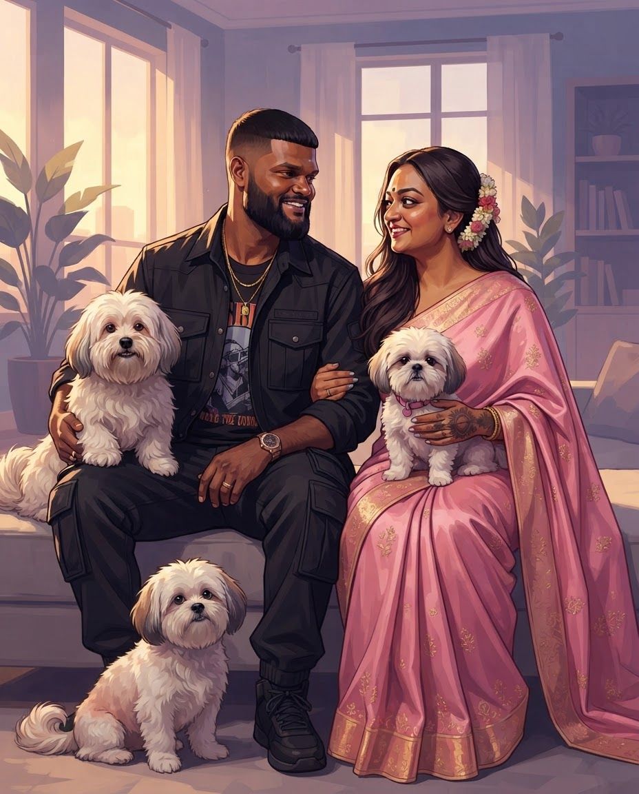 AI Design for Create a highly detailed professional illustrated portrait of a couple together with their three dogs, using the attached reference image strictly as the VISUAL STYLE REFERENCE.
IMPORTANT: Preserve the real identity and recognizable physical characteristics of both people and all three dogs. Treat the supplied photographs as the primary identity references. Accurately reproduce facial structure, facial proportions, eye shape, eyebrows, nose, lips, jawline, hairline, hairstyle, skin tone, age, distinctive facial features, body proportions, and natural expressions of each individual. Do not beautify, genericize, age, de-age, or substantially alter their appearance.
For each dog, accurately preserve breed/type, body structure, size relationship, head shape, muzzle length, ear shape and position, eye shape, coat color, coat markings, fur pattern, distinctive patches, nose shape, tail characteristics, and other recognizable physical traits. Each dog must remain clearly distinguishable from the others.
VISUAL STYLE: follow 4rth image for art style reference
Match the supplied reference's sophisticated cinematic digital illustration aesthetic. Semi-realistic contemporary comic-book / graphic-novel painting, highly refined character illustration, realistic anatomy combined with stylized graphic shapes, confident clean contour work, angular painterly planes, carefully simplified forms, rich tonal modeling, subtle textured brushwork, crisp facial rendering, sophisticated color separation, dramatic environmental lighting, and polished professional concept-art finish. the saree of the woman will be pink and the man will be wearing street wear clothes stylish.
Use the reference's characteristic balance between realism and stylization: faces should remain anatomically convincing and recognizable while being interpreted through expressive painted shapes rather than photorealistic rendering. Avoid looking like a photograph, generic AI portrait, anime, 3D render, or conventional cartoon.
LIGHTING AND COLOR:
Use cinematic directional lighting with warm golden sunlight interacting with cooler violet, lavender, mauve, blue and muted teal shadow areas. Strong but controlled warm/cool color contrast. Soft atmospheric glow around illuminated areas, subtle reflected light on skin and fur, carefully designed highlights, deep but transparent shadows, and sophisticated color grading. Maintain the reference's luminous sunset/interior-light feeling without simply copying its original environment.
PAINTING TECHNIQUE:
Visible but refined digital brushwork, layered painterly color planes, subtle texture, crisp edges around important facial features, softer edges in secondary areas, controlled linework, nuanced skin rendering, individually readable strands of hair and fur without excessive micro-detail. Use simplified graphic shadow shapes combined with realistic anatomical volume.
COMPOSITION:
Create a balanced portrait composition featuring the couple as the central subjects with their three dogs naturally integrated around them. Arrange the subjects so that every face and every dog is clearly visible and readable. Establish an intimate sense of companionship and genuine connection between the couple and their pets.
The three dogs should have clearly different poses and silhouettes so none overlap confusingly. Maintain accurate scale relationships between the couple and all three dogs. Avoid placing any dog directly in front of a person's face. Allow enough negative space around heads and bodies for clean silhouettes.
POSE AND EXPRESSION:
Natural, relaxed interaction rather than stiff studio posing. The couple should appear comfortable and emotionally connected looking at each other happy and peaceful, while the dogs should behave naturally and individually. Preserve each person's characteristic expression from the supplied references while adapting it into the illustrated style. Expressions should feel subtle, warm, believable and emotionally authentic.
BACKGROUND:
Create a tasteful cinematic environment that supports the portrait without competing with the subjects. Use an elegant contemporary interior or softly atmospheric home setting, with simplified architectural forms, furniture and environmental details. Background elements should be rendered with broader painterly shapes and lower visual contrast than the characters.
DETAIL PRIORITY:
1. Exact facial identity of both people
2. Accurate physical characteristics of all three dogs
3. Correct anatomy and proportions
4. Natural interaction between all five subjects
5. Cinematic lighting
6. Painterly graphic rendering
7. Environmental atmosphere
8. Fine hair and fur details
The final artwork should feel like a professionally commissioned premium character illustration: emotionally intimate, cinematic, sophisticated, highly detailed and visually cohesive, with the unmistakable visual language of the supplied reference while remaining an original composition.
HIGH RESOLUTION, polished professional digital painting, refined anatomy, accurate facial likeness, accurate animal likeness, sophisticated composition, cinematic lighting, rich painterly color, controlled graphic shapes, detailed but elegant rendering, sharp focal details, atmospheric depth.