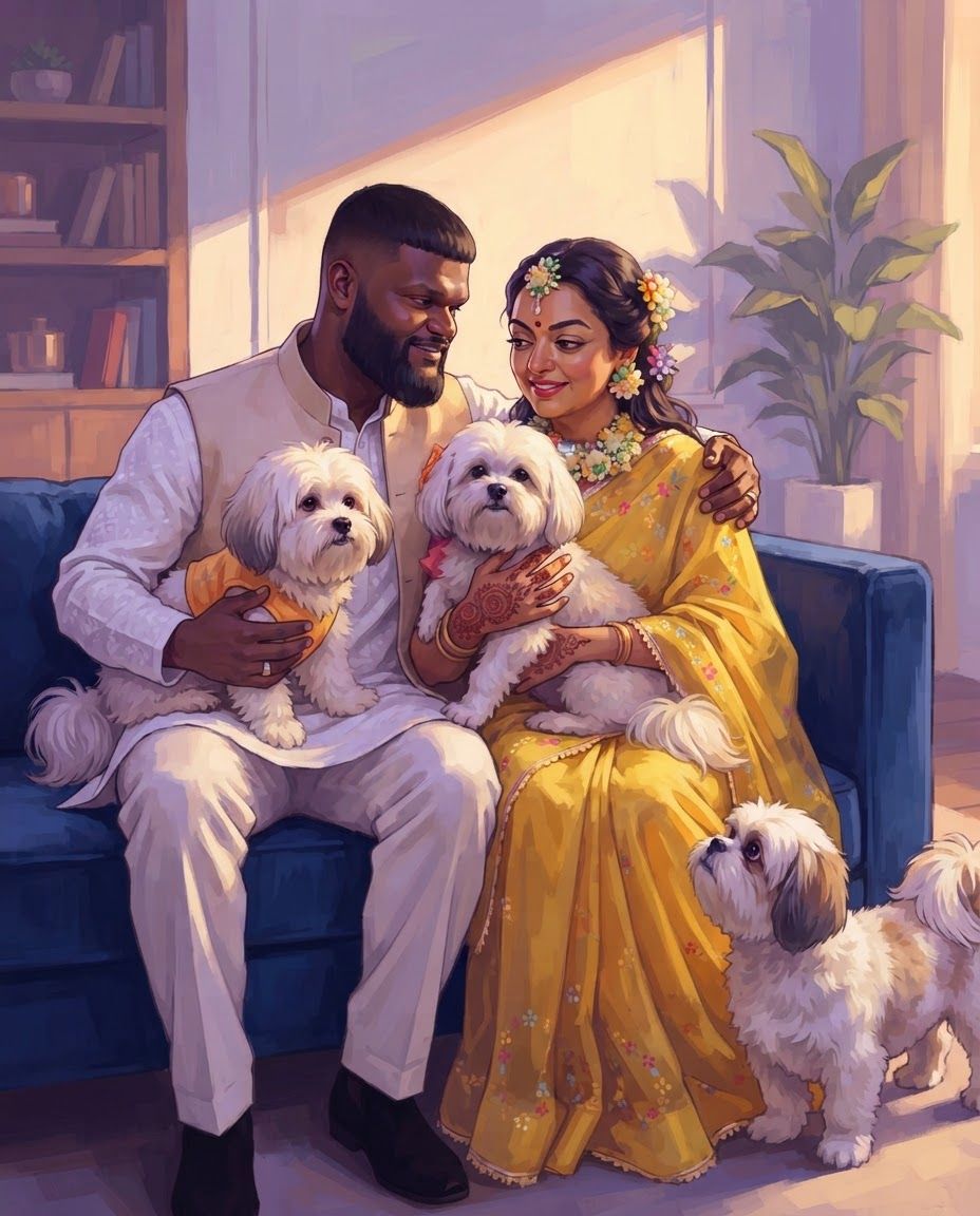 AI Design for Create a highly detailed professional illustrated portrait of a couple together with their three dogs, using the attached reference image strictly as the VISUAL STYLE REFERENCE.
IMPORTANT: Preserve the real identity and recognizable physical characteristics of both people and all three dogs. Treat the supplied photographs as the primary identity references. Accurately reproduce facial structure, facial proportions, eye shape, eyebrows, nose, lips, jawline, hairline, hairstyle, skin tone, age, distinctive facial features, body proportions, and natural expressions of each individual. Do not beautify, genericize, age, de-age, or substantially alter their appearance.
For each dog, accurately preserve breed/type, body structure, size relationship, head shape, muzzle length, ear shape and position, eye shape, coat color, coat markings, fur pattern, distinctive patches, nose shape, tail characteristics, and other recognizable physical traits. Each dog must remain clearly distinguishable from the others.
VISUAL STYLE: follow 4rth image for art style reference
Match the supplied reference's sophisticated cinematic digital illustration aesthetic. Semi-realistic contemporary comic-book / graphic-novel painting, highly refined character illustration, realistic anatomy combined with stylized graphic shapes, confident clean contour work, angular painterly planes, carefully simplified forms, rich tonal modeling, subtle textured brushwork, crisp facial rendering, sophisticated color separation, dramatic environmental lighting, and polished professional concept-art finish.
Use the reference's characteristic balance between realism and stylization: faces should remain anatomically convincing and recognizable while being interpreted through expressive painted shapes rather than photorealistic rendering. Avoid looking like a photograph, generic AI portrait, anime, 3D render, or conventional cartoon.
LIGHTING AND COLOR:
Use cinematic directional lighting with warm golden sunlight interacting with cooler violet, lavender, mauve, blue and muted teal shadow areas. Strong but controlled warm/cool color contrast. Soft atmospheric glow around illuminated areas, subtle reflected light on skin and fur, carefully designed highlights, deep but transparent shadows, and sophisticated color grading. Maintain the reference's luminous sunset/interior-light feeling without simply copying its original environment.
PAINTING TECHNIQUE:
Visible but refined digital brushwork, layered painterly color planes, subtle texture, crisp edges around important facial features, softer edges in secondary areas, controlled linework, nuanced skin rendering, individually readable strands of hair and fur without excessive micro-detail. Use simplified graphic shadow shapes combined with realistic anatomical volume.
COMPOSITION:
Create a balanced portrait composition featuring the couple as the central subjects with their three dogs naturally integrated around them. Arrange the subjects so that every face and every dog is clearly visible and readable. Establish an intimate sense of companionship and genuine connection between the couple and their pets.
The three dogs should have clearly different poses and silhouettes so none overlap confusingly. Maintain accurate scale relationships between the couple and all three dogs. Avoid placing any dog directly in front of a person's face. Allow enough negative space around heads and bodies for clean silhouettes.
POSE AND EXPRESSION:
Natural, relaxed interaction rather than stiff studio posing. The couple should appear comfortable and emotionally connected, while the dogs should behave naturally and individually. Preserve each person's characteristic expression from the supplied references while adapting it into the illustrated style. Expressions should feel subtle, warm, believable and emotionally authentic.
BACKGROUND:
Create a tasteful cinematic environment that supports the portrait without competing with the subjects. Use an elegant contemporary interior or softly atmospheric home setting, with simplified architectural forms, furniture and environmental details. Background elements should be rendered with broader painterly shapes and lower visual contrast than the characters.
DETAIL PRIORITY:
1. Exact facial identity of both people
2. Accurate physical characteristics of all three dogs
3. Correct anatomy and proportions
4. Natural interaction between all five subjects
5. Cinematic lighting
6. Painterly graphic rendering
7. Environmental atmosphere
8. Fine hair and fur details
The final artwork should feel like a professionally commissioned premium character illustration: emotionally intimate, cinematic, sophisticated, highly detailed and visually cohesive, with the unmistakable visual language of the supplied reference while remaining an original composition.
HIGH RESOLUTION, polished professional digital painting, refined anatomy, accurate facial likeness, accurate animal likeness, sophisticated composition, cinematic lighting, rich painterly color, controlled graphic shapes, detailed but elegant rendering, sharp focal details, atmospheric depth.
