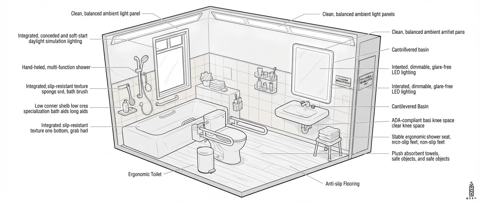 AI Design for create a detailed isometric lineart illustration in the same artstyle as the reference image showing an accurate representation of holistic human centric designed space for psychosocial rehabilitation architecture for a full rehab unit, ensure same art style and angle of view, emphasize on ergonomically considerate and  consideration to human centric design