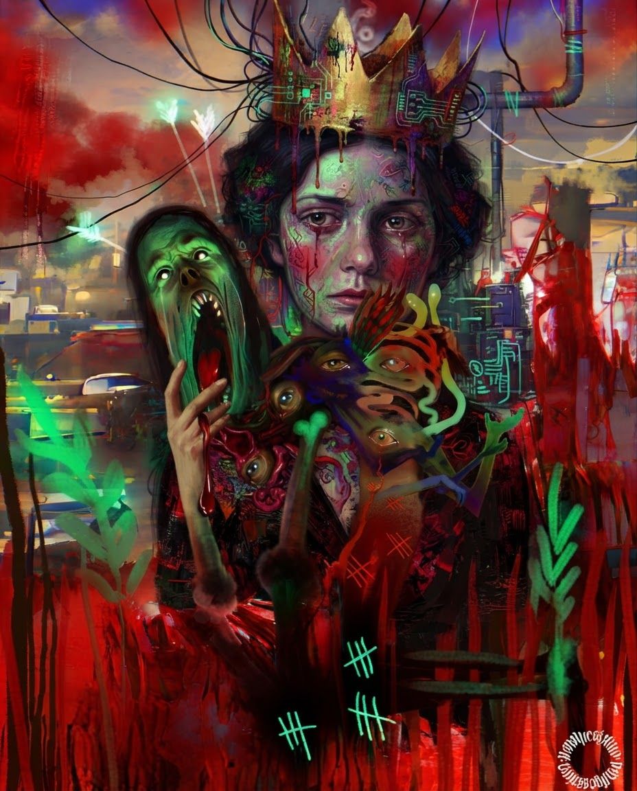 AI Design for redraw the second image in the exact same art style as the first image, painterly, surreal, abstract colorful