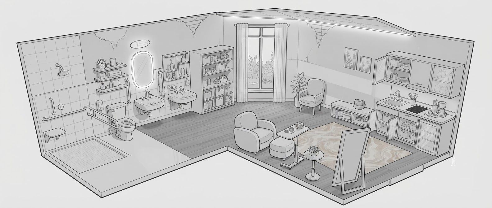 create a detailed isometric lineart illustration in the same artstyle as the reference image showing an accurate representation of holistic human centric designed space for psychosocial rehabilitation architecture for a full rehab unit, ensure same art style and angle of view, emphasize on ergonomically considerate and consideration to human centric design