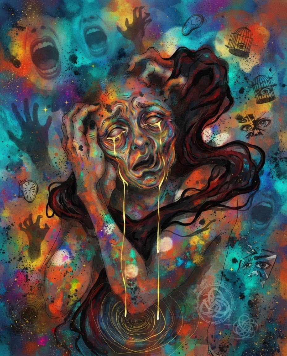AI Design for create a new artwork similar to the art style of the reference image that is based on the concept of 'fear' , painterly, surreal, abstract colourful poetic artwork. dont copy reference image only follow textures