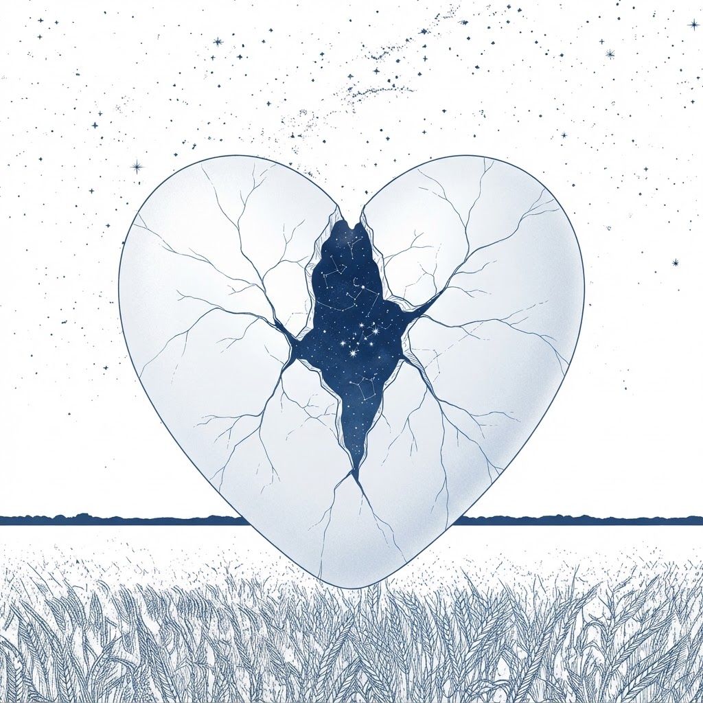 AI Design for A porcelain heart cracking open to reveal a small universe inside, surreal minimalist illustration, delicate fractures, representing awakening and the painful beauty of truth.