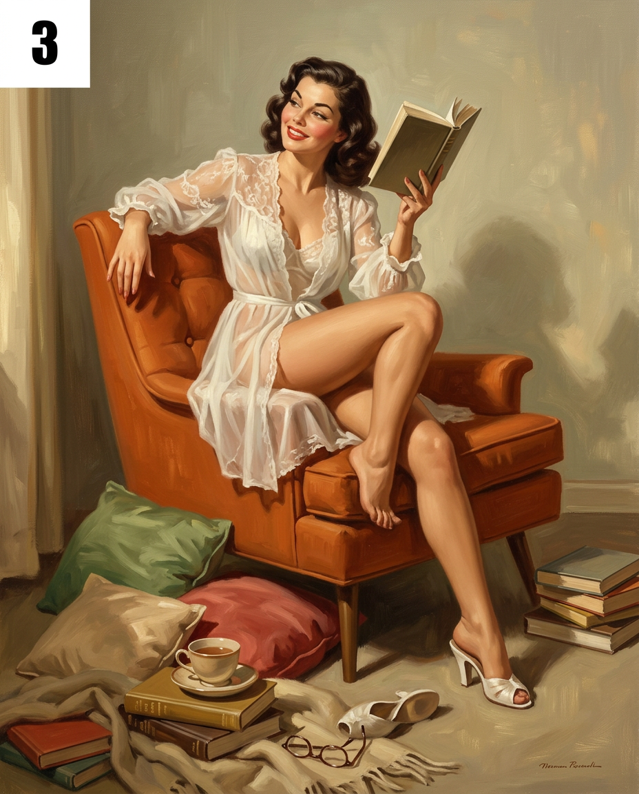 AI Design for Create a museum-quality vintage American pin-up illustration inspired by the painterly realism of Norman Rockwell, Gil Elvgren, and Earl Moran. The artwork should feel like an authentic hand-painted magazine illustration from the late 1940s to early 1950s, combining elegant glamour with cinematic storytelling.
The composition features a beautiful woman seated gracefully on the broad armrest of a sculptural mid-century modern orange lounge chair. Her pose references classic vintage pin-up compositions with crossed legs, elegant posture, relaxed shoulders, and natural body language. She wears a delicate translucent dressing gown over her naked body, emphasizing elegance rather than explicitness.
She has:
dark brunette hair styled in soft Hollywood victory waves
expressive eyes
warm natural smile
subtle vintage makeup
porcelain skin with realistic painterly brushwork
Her body language suggests she has just paused while reading. (follow instructions given in reference image)
Her left hand lifts an open hardcover book beside her face while she looks off-camera toward someone entering the room with a soft amused expression.
Her opposite hand gently rests on the chair.
Around the base of the chair are:
several hardcover books
stacked novels
a ceramic teacup and saucer
scattered reading glasses
soft folded throw blanket
The environment should feel like a comfortable mid-century living room.
Use:
warm afternoon sunlight
subtle window lighting
long soft shadows
painterly reflections
muted atmospheric perspective
The background should remain simplified and monochromatic.
Color palette:
muted ochres
burnt orange
warm creams
olive undertones
golden beige
walnut wood
soft amber highlights
Everything should share one cohesive tone-on-tone palette so the figure remains the visual focal point.
Painting style:
follow pose of the reference image
traditional oil on linen appearance
visible brush texture
rich skin rendering
painterly edge control
authentic magazine illu
