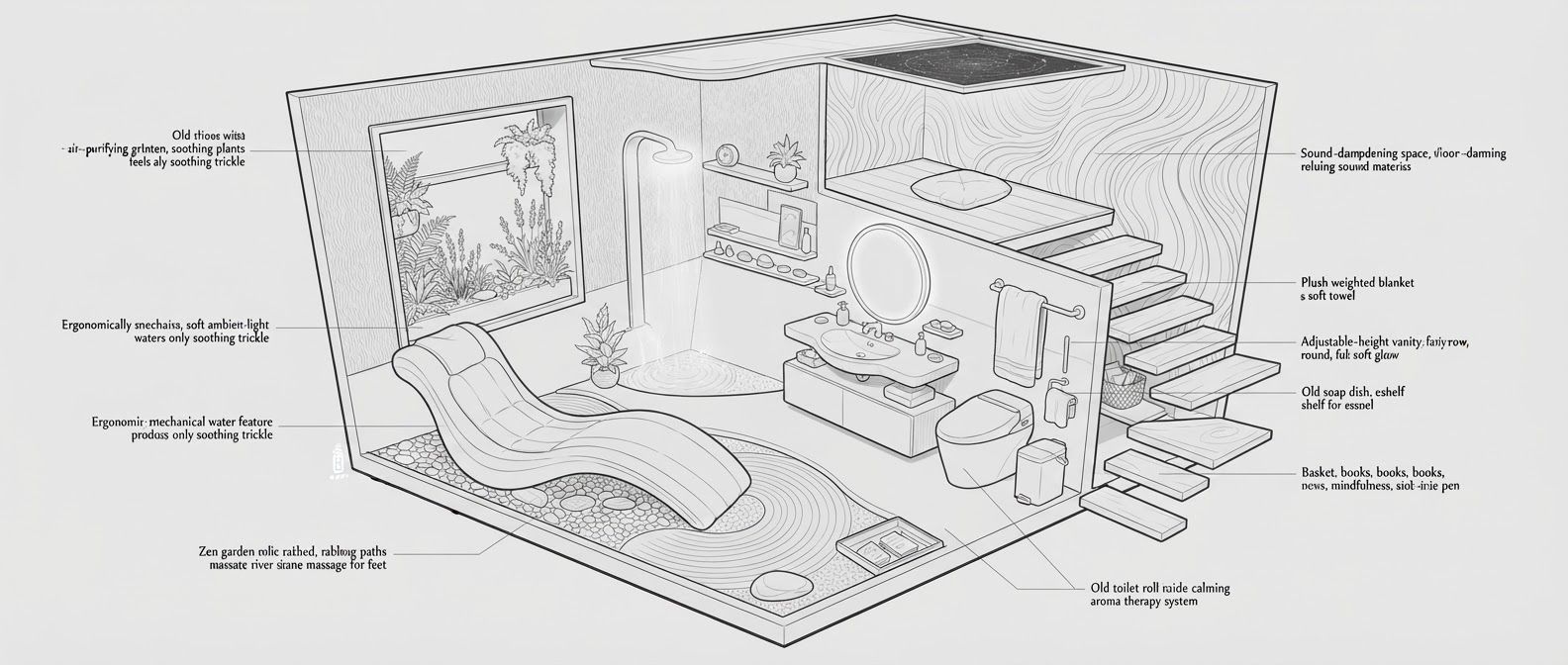 create a detailed isometric lineart illustration in the same artstyle as the reference image showing an surreal representation of a home space that is designed to nurture and support the mental wellbeing of a human being, ensure same art style and angle of view, emphasize on ergonomically considerate and  consideration to human centric design