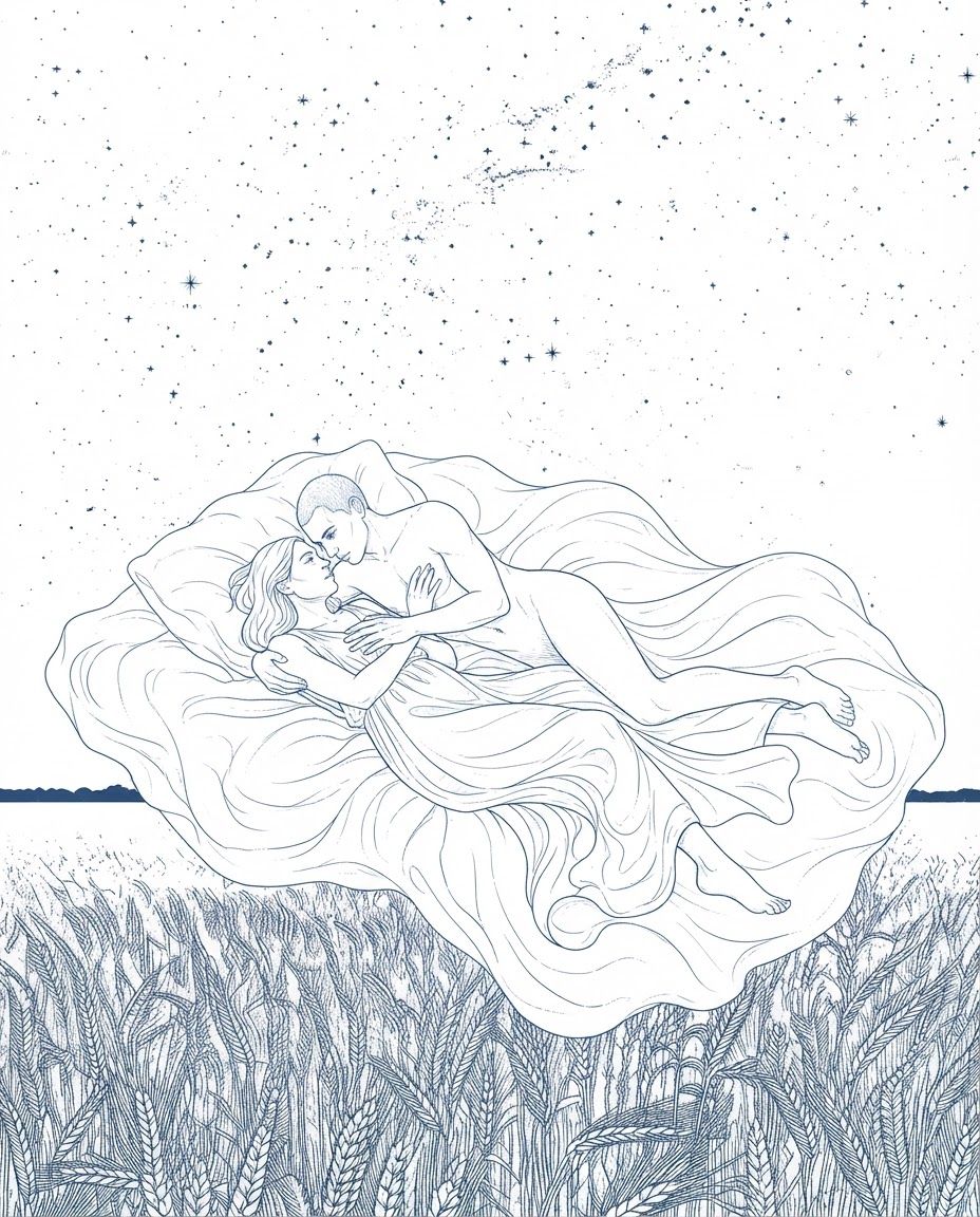 AI Design for make these changes to the image ''The wheat looks good, the starts look good (hard to tell without color), but the couple is all wrong and they look clunky. Almost like two characters that seem to be completely unaware of each other. They are lying wrong also. The fabric should not show the shape of the mattress, it's supposed to look almost magical how it's floating on nothing.''