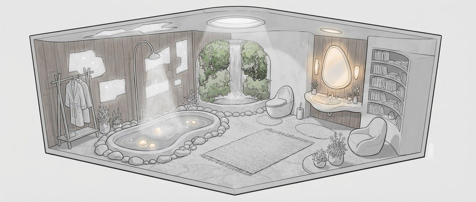AI Design for create a detailed isometric lineart illustration in the same artstyle as the reference image showing an surreal representation of a space that is designed to nurture and support the mental wellbeing of a human being, ensure same art style and angle of view, emphasize on ergonomically considerate and  consideration to human centric design