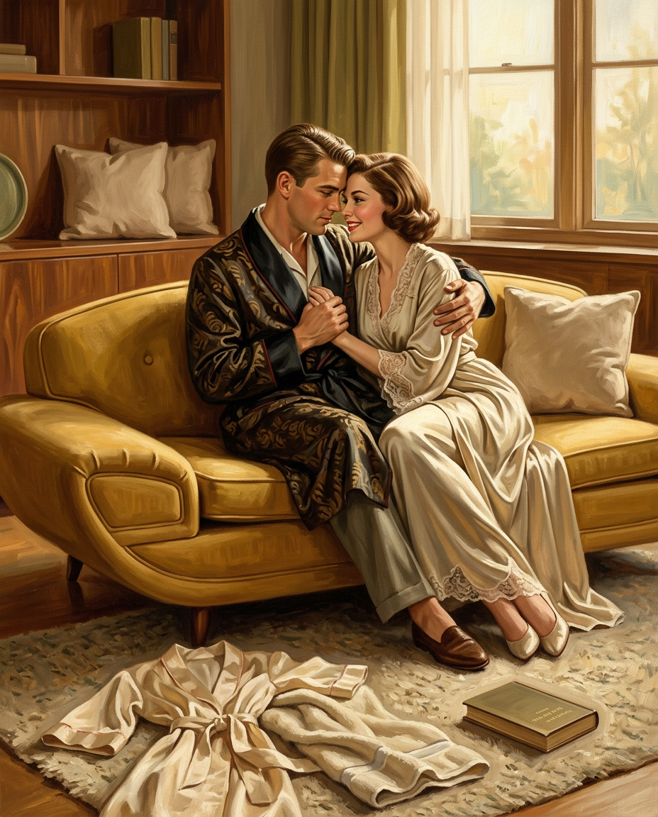AI Design for Create a large-format vintage romantic illustration inspired by Norman Rockwell, Gil Elvgren, and classic American magazine illustrations from the late 1940s and early 1950s.
The scene represents the emotional conclusion of a three-piece illustration series.
A handsome young couple sits closely together on a beautifully sculpted mid-century modern curved sofa inspired by iconic Danish furniture design.
The composition follows the visual rhythm of classic vintage romantic paintings:
relaxed natural interaction
intimate eye contact
expressive storytelling
believable body language
painterly realism
The couple lean toward one another with affectionate smiles, conveying warmth and emotional connection rather than overt sensuality.
Wardrobe consists of elegant period-inspired robes or draped fabrics that maintain a tasteful fine-art presentation.
The environment subtly references the earlier illustrations through environmental storytelling.
Nearby are:
a casually discarded lightweight robe
folded towel
hardcover book lying face down on the floor
soft cushions
vintage area rug
The room contains only essential furniture to keep the focus on the figures.
Lighting:
warm cinematic afternoon sunlight entering through an unseen window
Soft rim lighting defines the figures while maintaining gentle painterly shadows.
Color harmony:
Maintain the exact same monochromatic family used throughout the collection.
Suggested palette:
warm mustard
honey gold
muted olive
cream
walnut brown
soft beige
aged brass accents
Everything should feel unified using a restrained color palette.
Rendering style:
hand-painted oil illustration
subtle canvas texture
painterly realism
authentic brush strokes
realistic anatomy
expressive faces
vintage magazine illustration quality
premium gallery artwork
elegant storytelling
timeless Americana
refined romantic atmosphere
Composition:
horizontal composition
designed for 30 × 60 inch print
2:1 panoramic aspect ratio
ultra-high resolution
highly detailed facial features
museum-quality finish
no text
no logos
no watermark
no modern furniture except specified sofa
no distracting background elements
