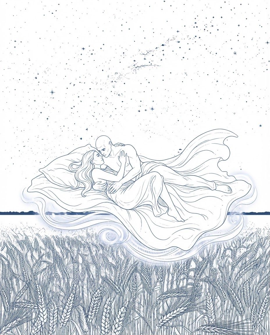 AI Design for make these changes to the image ''The wheat looks good, the starts look good (hard to tell without color), but the couple is all wrong and they look clunky. Almost like two characters that seem to be completely unaware of each other. They are lying wrong also. The fabric should not show the shape of the mattress, it's supposed to look almost magical how it's floating on nothing.''