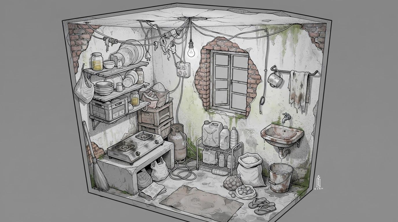 create a detailed isometric lineart illustration in the same artstyle as the reference image showing an accurate representation of bangladeshi architecture and residency space, ensure same art style and angle of view, emphasize on the disregulated nature of spaces that are meant to accomodate people avoidant of consideration to human centric design