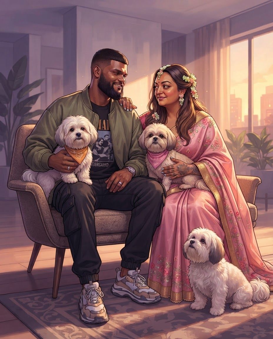 AI Design for Create a highly detailed professional illustrated portrait of a couple together with their three dogs, using the attached reference image strictly as the VISUAL STYLE REFERENCE.
IMPORTANT: Preserve the real identity and recognizable physical characteristics of both people and all three dogs. Treat the supplied photographs as the primary identity references. Accurately reproduce facial structure, facial proportions, eye shape, eyebrows, nose, lips, jawline, hairline, hairstyle, skin tone, age, distinctive facial features, body proportions, and natural expressions of each individual. Do not beautify, genericize, age, de-age, or substantially alter their appearance.
For each dog, accurately preserve breed/type, body structure, size relationship, head shape, muzzle length, ear shape and position, eye shape, coat color, coat markings, fur pattern, distinctive patches, nose shape, tail characteristics, and other recognizable physical traits. Each dog must remain clearly distinguishable from the others.
VISUAL STYLE: follow 4rth image for art style reference
Match the supplied reference's sophisticated cinematic digital illustration aesthetic. Semi-realistic contemporary comic-book / graphic-novel painting, highly refined character illustration, realistic anatomy combined with stylized graphic shapes, confident clean contour work, angular painterly planes, carefully simplified forms, rich tonal modeling, subtle textured brushwork, crisp facial rendering, sophisticated color separation, dramatic environmental lighting, and polished professional concept-art finish. the saree of the woman will be pink and the man will be wearing street wear clothes stylish.
Use the reference's characteristic balance between realism and stylization: faces should remain anatomically convincing and recognizable while being interpreted through expressive painted shapes rather than photorealistic rendering. Avoid looking like a photograph, generic AI portrait, anime, 3D render, or conventional cartoon.
LIGHTING AND COLOR:
Use cinematic directional lighting with warm golden sunlight interacting with cooler violet, lavender, mauve, blue and muted teal shadow areas. Strong but controlled warm/cool color contrast. Soft atmospheric glow around illuminated areas, subtle reflected light on skin and fur, carefully designed highlights, deep but transparent shadows, and sophisticated color grading. Maintain the reference's luminous sunset/interior-light feeling without simply copying its original environment.
PAINTING TECHNIQUE:
Visible but refined digital brushwork, layered painterly color planes, subtle texture, crisp edges around important facial features, softer edges in secondary areas, controlled linework, nuanced skin rendering, individually readable strands of hair and fur without excessive micro-detail. Use simplified graphic shadow shapes combined with realistic anatomical volume.
COMPOSITION:
Create a balanced portrait composition featuring the couple as the central subjects with their three dogs naturally integrated around them. Arrange the subjects so that every face and every dog is clearly visible and readable. Establish an intimate sense of companionship and genuine connection between the couple and their pets.
The three dogs should have clearly different poses and silhouettes so none overlap confusingly. Maintain accurate scale relationships between the couple and all three dogs. Avoid placing any dog directly in front of a person's face. Allow enough negative space around heads and bodies for clean silhouettes.
POSE AND EXPRESSION:
Natural, relaxed interaction rather than stiff studio posing. The couple should appear comfortable and emotionally connected looking at each other happy and peaceful, while the dogs should behave naturally and individually. Preserve each person's characteristic expression from the supplied references while adapting it into the illustrated style. Expressions should feel subtle, warm, believable and emotionally authentic.
BACKGROUND:
Create a tasteful cinematic environment that supports the portrait without competing with the subjects. Use an elegant contemporary interior or softly atmospheric home setting, with simplified architectural forms, furniture and environmental details. Background elements should be rendered with broader painterly shapes and lower visual contrast than the characters.
DETAIL PRIORITY:
1. Exact facial identity of both people
2. Accurate physical characteristics of all three dogs
3. Correct anatomy and proportions
4. Natural interaction between all five subjects
5. Cinematic lighting
6. Painterly graphic rendering
7. Environmental atmosphere
8. Fine hair and fur details
The final artwork should feel like a professionally commissioned premium character illustration: emotionally intimate, cinematic, sophisticated, highly detailed and visually cohesive, with the unmistakable visual language of the supplied reference while remaining an original composition.
HIGH RESOLUTION, polished professional digital painting, refined anatomy, accurate facial likeness, accurate animal likeness, sophisticated composition, cinematic lighting, rich painterly color, controlled graphic shapes, detailed but elegant rendering, sharp focal details, atmospheric depth.