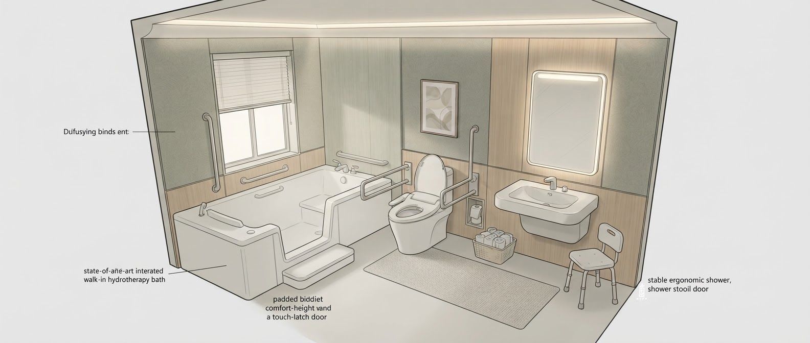 create a detailed isometric lineart illustration in the same artstyle as the reference image showing an accurate representation of holistic human centric designed space for psychosocial rehabilitation architecture, ensure same art style and angle of view, emphasize on ergonomically considerate and consideration to human centric design