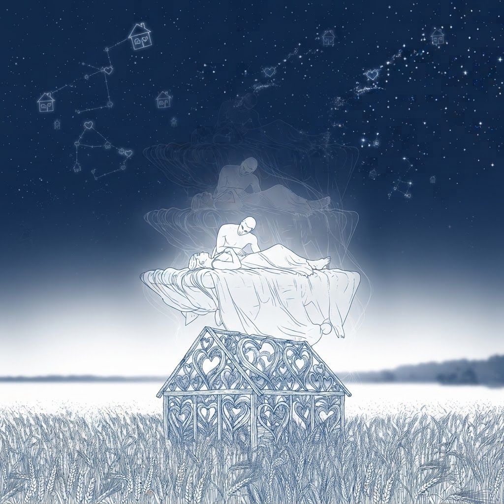AI Design for A surreal emotional landscape where a heart becomes a house, a house becomes a memory, and memories become stars, minimalist dreamlike illustration, poetic exploration of love, loss, longing, and transformation.