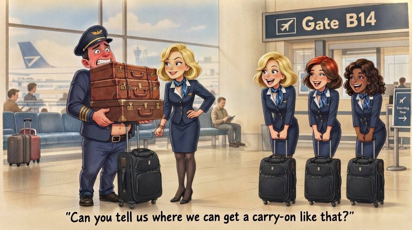 AI Design for please revise the image accordaing to these adjustments.
The pilot: Can to show him with his eyes opened? Keep his smile and red face but show him more nervous and embarrassed than looking like he's lifting something heavy.
Also can you replace one of the bags he's hold be an actually black suitcase with wheels (check reference image)? . Show that black suitcase and maybe one or with other regular bags stacked up to his chest.
Next the flight attendant by the pilot: Show her stand more upright with her arm straight still making a fist towards the pilot's hip
Lastly the other three Flight Attendants: All you need to do is show all of them with their black suitcase with wheels stand by them. Let me know if you have any questions.
Have their suitcases look like the second image