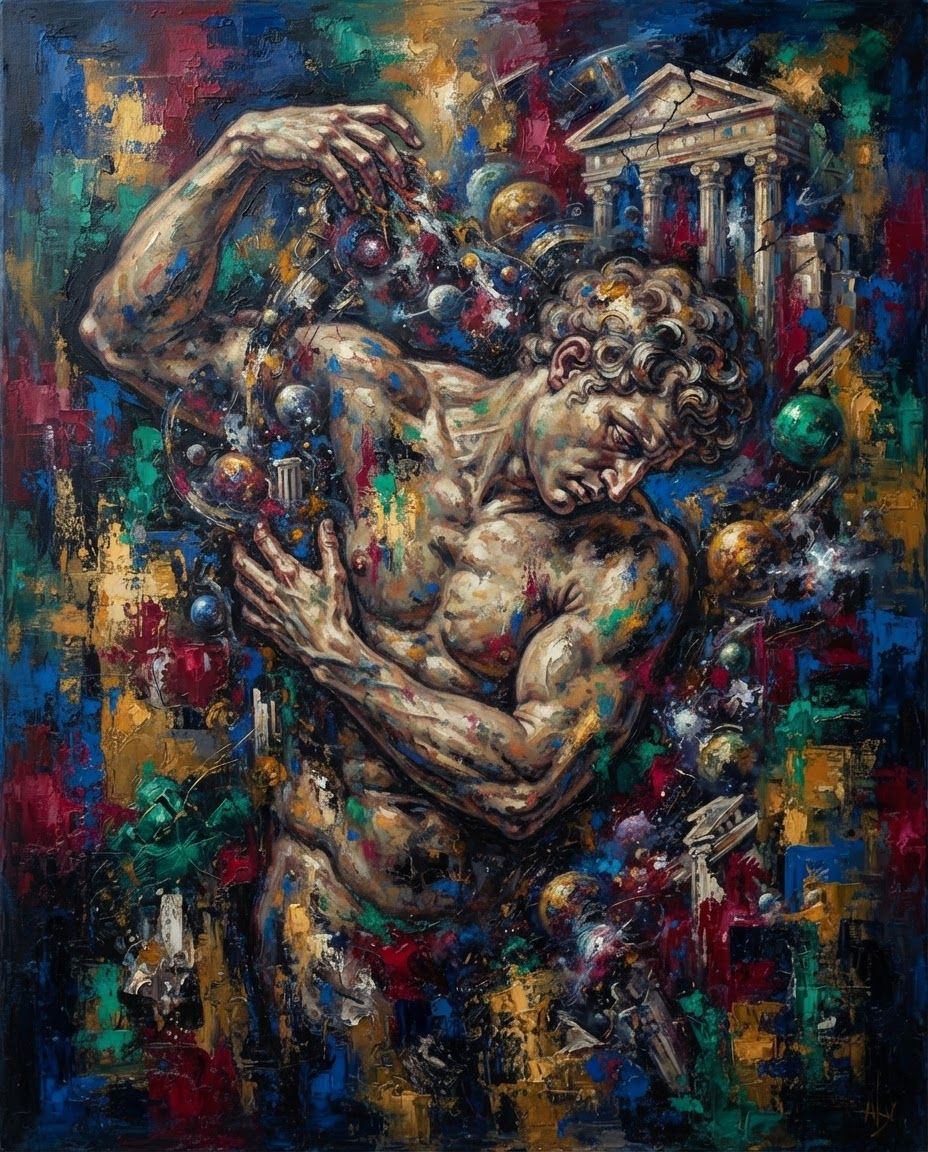AI Design for redraw  image in a chaotic painterly, surreal, abstract colorful oil paint smudged art style. poetic, change pose, create new artwork