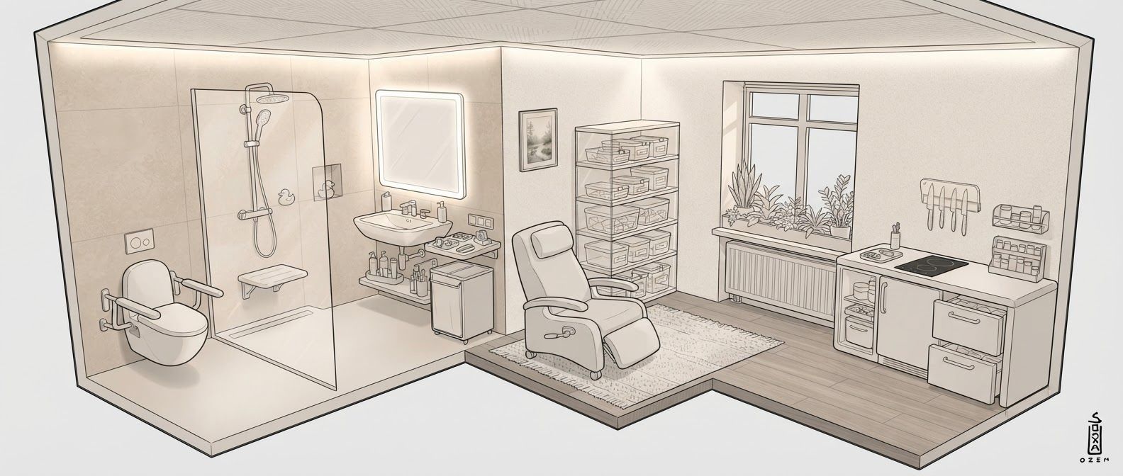 create a detailed isometric lineart illustration in the same artstyle as the reference image showing an accurate representation of holistic human centric designed space for psychosocial rehabilitation architecture for a full residential space, ensure same art style and angle of view, emphasize on ergonomically considerate and consideration to human centric design