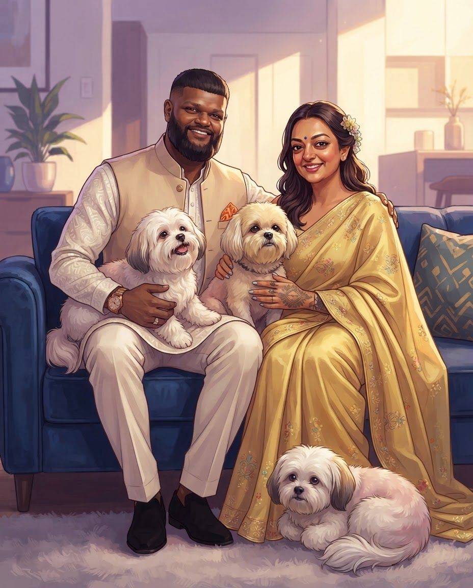 AI Design for Create a highly detailed professional illustrated portrait of a couple together with their three dogs, using the attached reference image strictly as the VISUAL STYLE REFERENCE.
IMPORTANT: Preserve the real identity and recognizable physical characteristics of both people and all three dogs. Treat the supplied photographs as the primary identity references. Accurately reproduce facial structure, facial proportions, eye shape, eyebrows, nose, lips, jawline, hairline, hairstyle, skin tone, age, distinctive facial features, body proportions, and natural expressions of each individual. Do not beautify, genericize, age, de-age, or substantially alter their appearance.
For each dog, accurately preserve breed/type, body structure, size relationship, head shape, muzzle length, ear shape and position, eye shape, coat color, coat markings, fur pattern, distinctive patches, nose shape, tail characteristics, and other recognizable physical traits. Each dog must remain clearly distinguishable from the others.
VISUAL STYLE: follow 4rth image for art style reference
Match the supplied reference's sophisticated cinematic digital illustration aesthetic. Semi-realistic contemporary comic-book / graphic-novel painting, highly refined character illustration, realistic anatomy combined with stylized graphic shapes, confident clean contour work, angular painterly planes, carefully simplified forms, rich tonal modeling, subtle textured brushwork, crisp facial rendering, sophisticated color separation, dramatic environmental lighting, and polished professional concept-art finish.
Use the reference's characteristic balance between realism and stylization: faces should remain anatomically convincing and recognizable while being interpreted through expressive painted shapes rather than photorealistic rendering. Avoid looking like a photograph, generic AI portrait, anime, 3D render, or conventional cartoon.
LIGHTING AND COLOR:
Use cinematic directional lighting with warm golden sunlight interacting with cooler violet, lavender, mauve, blue and muted teal shadow areas. Strong but controlled warm/cool color contrast. Soft atmospheric glow around illuminated areas, subtle reflected light on skin and fur, carefully designed highlights, deep but transparent shadows, and sophisticated color grading. Maintain the reference's luminous sunset/interior-light feeling without simply copying its original environment.
PAINTING TECHNIQUE:
Visible but refined digital brushwork, layered painterly color planes, subtle texture, crisp edges around important facial features, softer edges in secondary areas, controlled linework, nuanced skin rendering, individually readable strands of hair and fur without excessive micro-detail. Use simplified graphic shadow shapes combined with realistic anatomical volume.
COMPOSITION:
Create a balanced portrait composition featuring the couple as the central subjects with their three dogs naturally integrated around them. Arrange the subjects so that every face and every dog is clearly visible and readable. Establish an intimate sense of companionship and genuine connection between the couple and their pets.
The three dogs should have clearly different poses and silhouettes so none overlap confusingly. Maintain accurate scale relationships between the couple and all three dogs. Avoid placing any dog directly in front of a person's face. Allow enough negative space around heads and bodies for clean silhouettes.
POSE AND EXPRESSION:
Natural, relaxed interaction rather than stiff studio posing. The couple should appear comfortable and emotionally connected looking at us happy and peaceful, while the dogs should behave naturally and individually. Preserve each person's characteristic expression from the supplied references while adapting it into the illustrated style. Expressions should feel subtle, warm, believable and emotionally authentic.
BACKGROUND:
Create a tasteful cinematic environment that supports the portrait without competing with the subjects. Use an elegant contemporary interior or softly atmospheric home setting, with simplified architectural forms, furniture and environmental details. Background elements should be rendered with broader painterly shapes and lower visual contrast than the characters.
DETAIL PRIORITY:
1. Exact facial identity of both people
2. Accurate physical characteristics of all three dogs
3. Correct anatomy and proportions
4. Natural interaction between all five subjects
5. Cinematic lighting
6. Painterly graphic rendering
7. Environmental atmosphere
8. Fine hair and fur details
The final artwork should feel like a professionally commissioned premium character illustration: emotionally intimate, cinematic, sophisticated, highly detailed and visually cohesive, with the unmistakable visual language of the supplied reference while remaining an original composition.
HIGH RESOLUTION, polished professional digital painting, refined anatomy, accurate facial likeness, accurate animal likeness, sophisticated composition, cinematic lighting, rich painterly color, controlled graphic shapes, detailed but elegant rendering, sharp focal details, atmospheric depth.