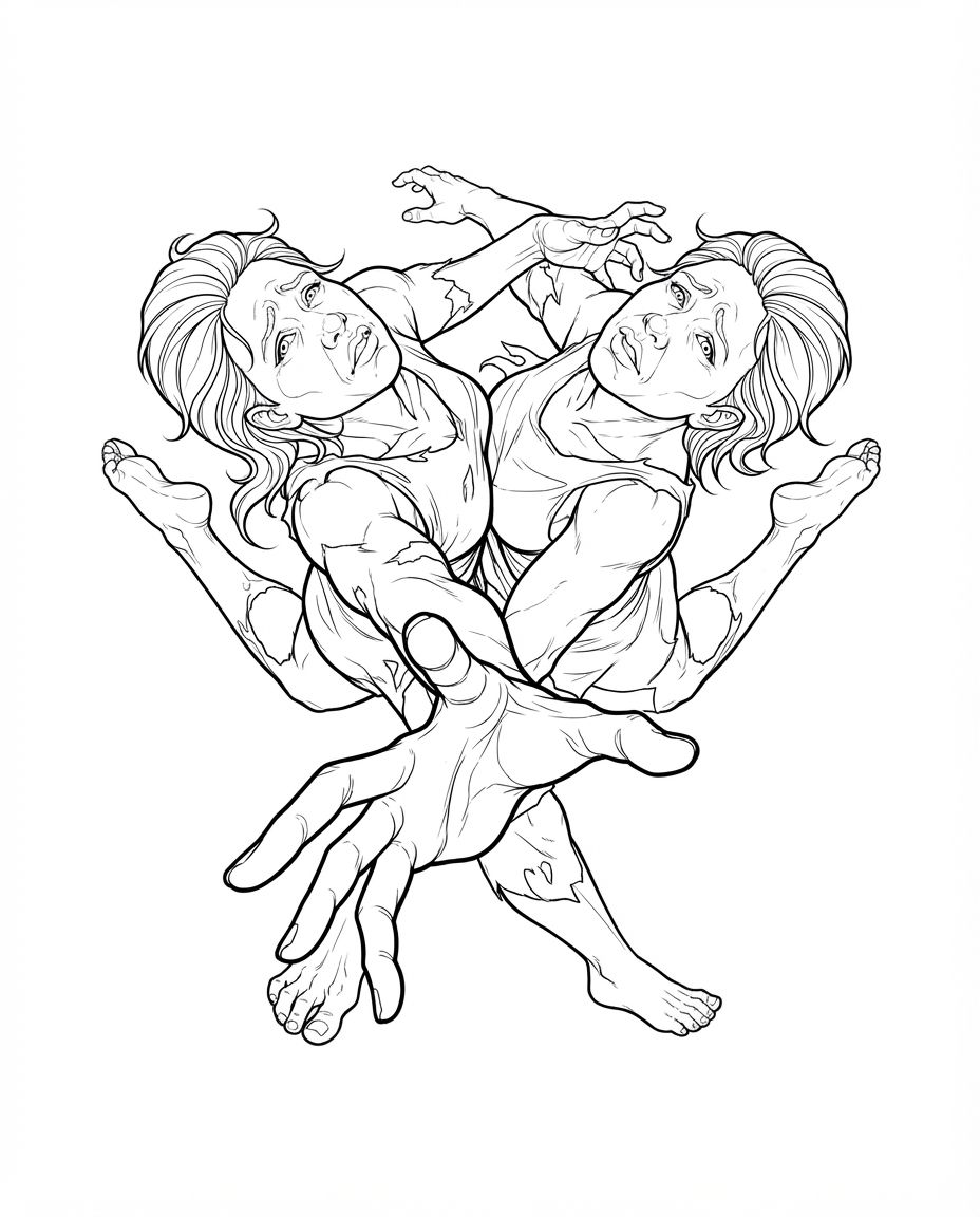 AI Design for create highly detailed professional lineart illustration similar to the reference image buit showing two human beings entangled holding each other but pulling apart at the same time as one of them stretches one hand out towards us. dramatic, foreshortening view. make it look very unique and eye catching , bold clean lines, clear details, accurate symmetry. only black and whuite illustration on solid white background