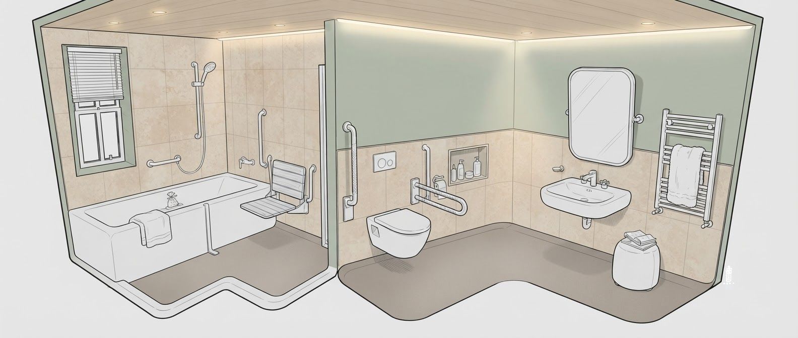 create a detailed isometric lineart illustration in the same artstyle as the reference image showing an accurate representation of holistic human centric designed space for psychosocial rehabilitation architecture, ensure same art style and angle of view, emphasize on ergonomically considerate and  consideration to human centric design
