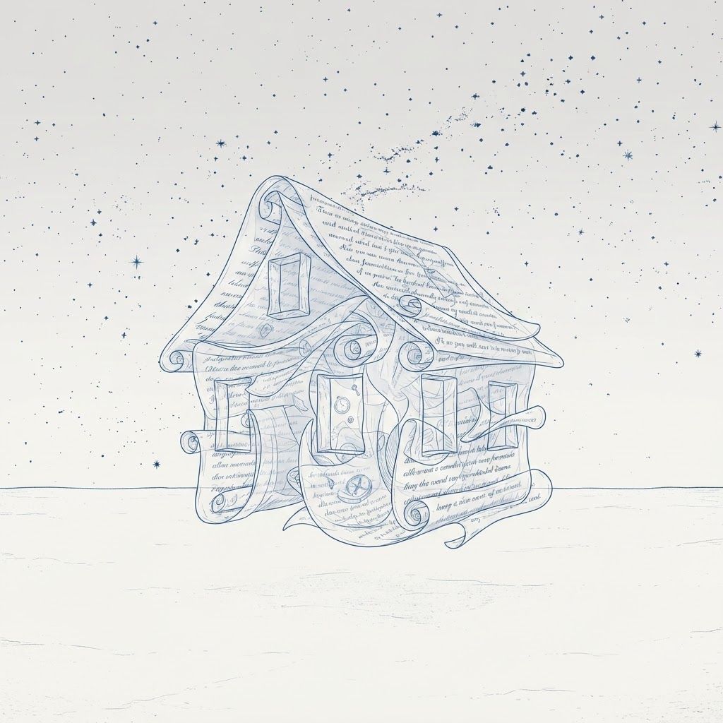 AI Design for A house built from letters, memories, and unfinished dreams floating in an empty landscape, surreal minimalist architectural illustration, symbolic of emotional homes created inside the mind.