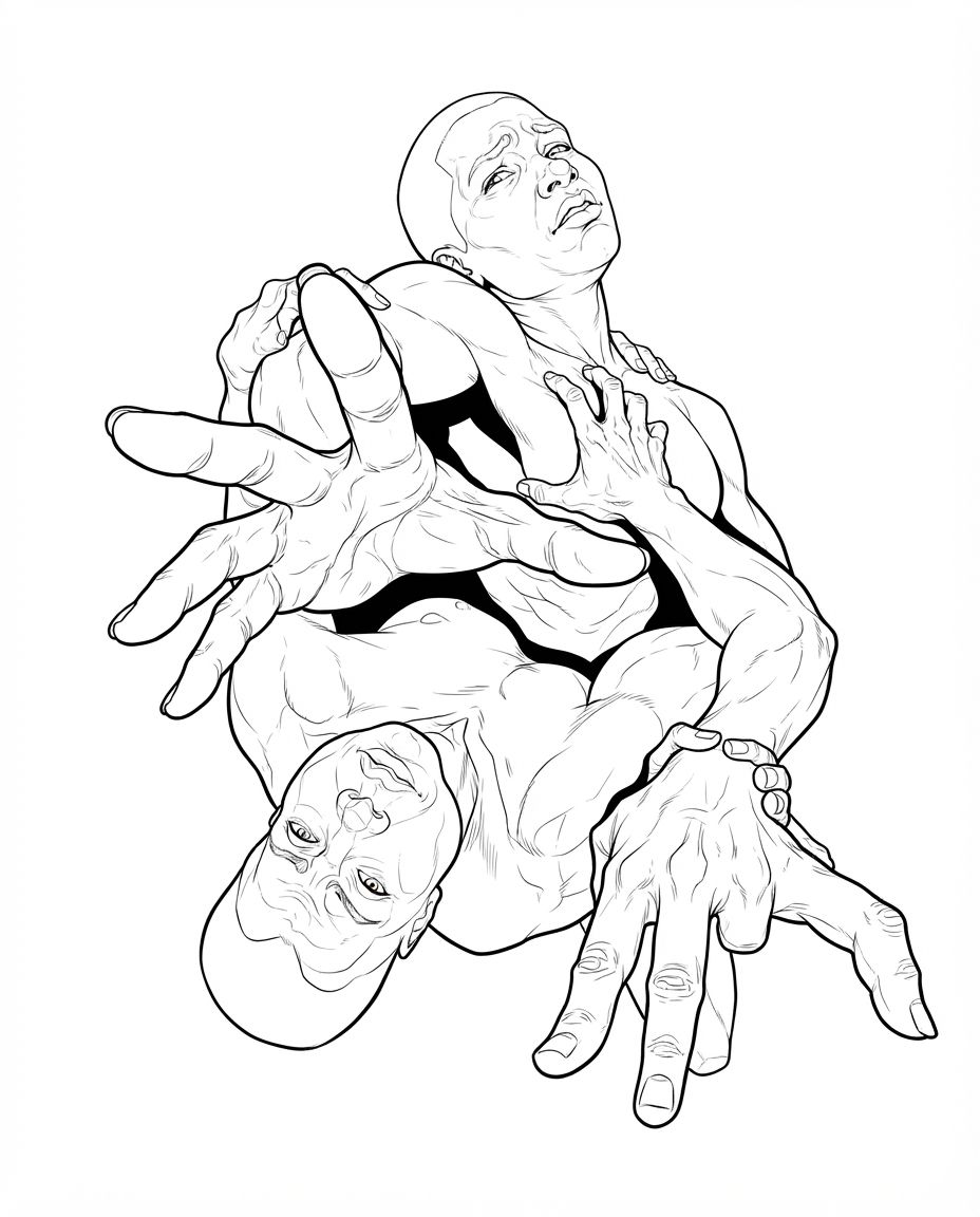 AI Design for create highly detailed professional lineart illustration similar to the reference image buit showing two human beings entangled holding each other but pulling apart at the same time as one of them stretches one hand out towards us. dramatic, foreshortening view. make it look very unique and eye catching , bold clean lines, clear details, accurate symmetry. only black and whuite illustration on solid white background