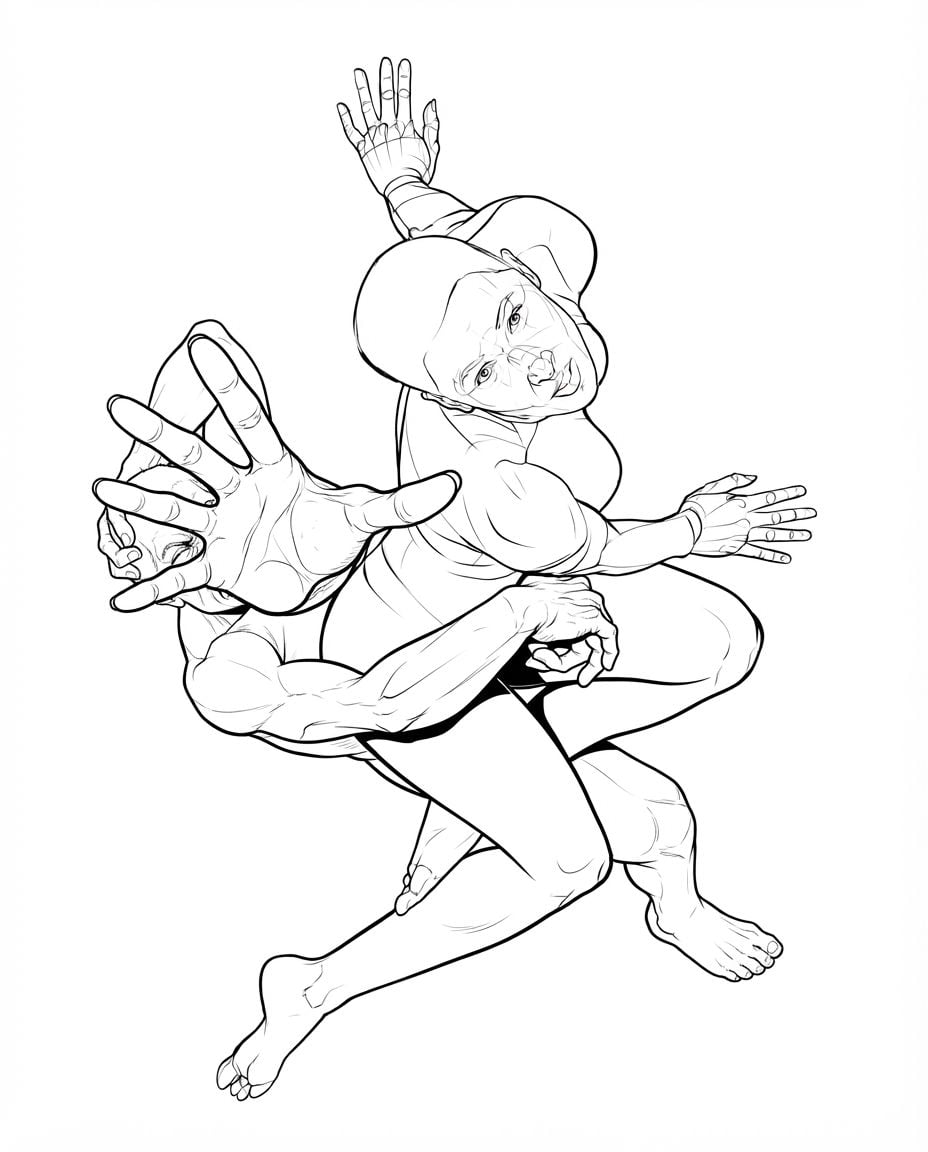 AI Design for create highly detailed professional lineart illustration similar to the reference image buit showing two human beings entangled holding each other but pulling apart at the same time as one of them stretches one hand out towards us. dramatic, foreshortening view. make it look very unique and eye catching , bold clean lines, clear details, accurate symmetry. only black and whuite illustration on solid white background