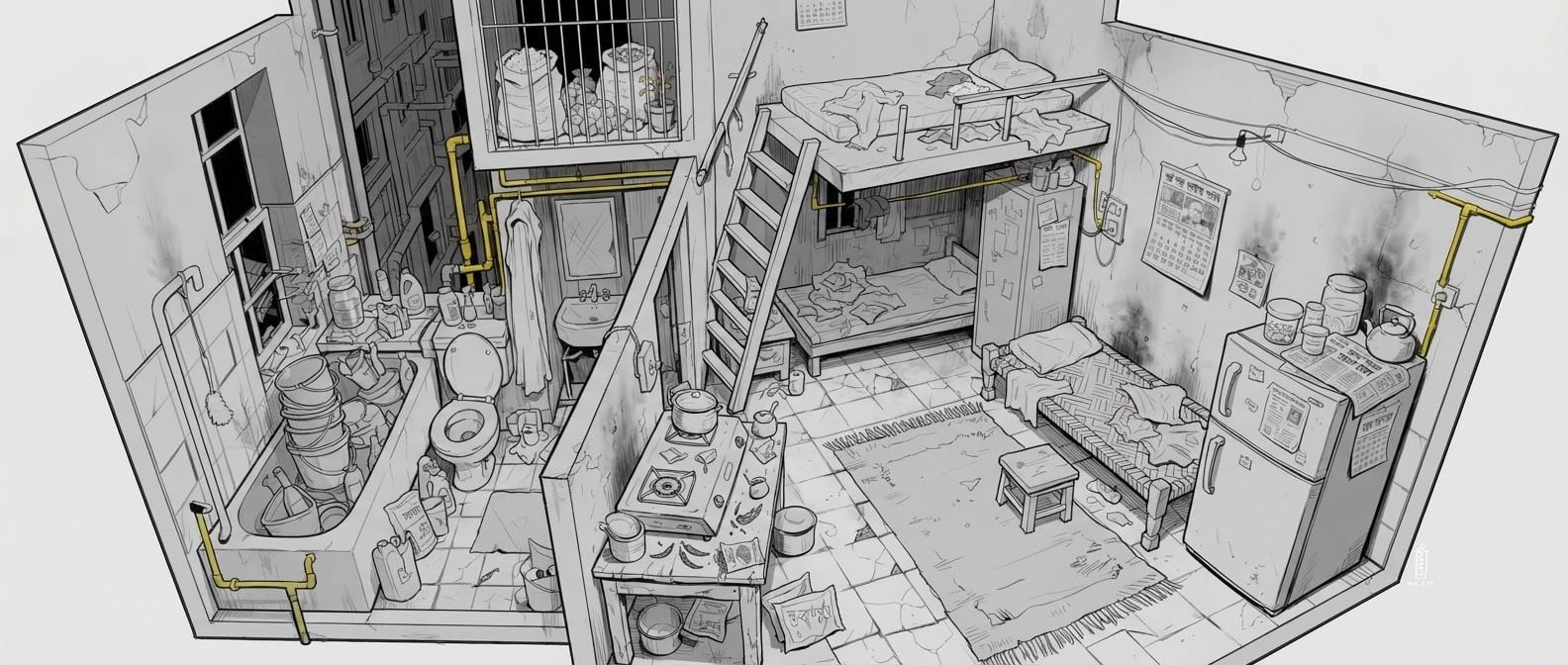 create a detailed isometric lineart illustration in the same artstyle as the reference image showing an accurate representation of Bangladeshi middle class housing architecture and residency space, ensure same art style and angle of view, emphasize on the disregulated nature of spaces that are meant to accomodate people avoidant of consideration to human centric design