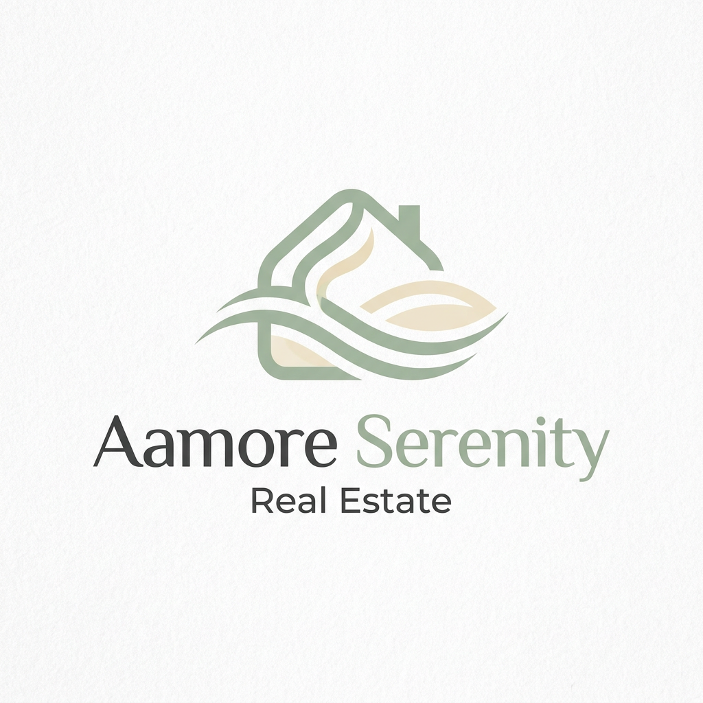 AI Design for A sophisticated and minimalist logo design for a real estate brand named Aamore Serenity. The visual identity should feature elegant, clean typography paired with a subtle, abstract icon representing a home combined with calming, organic lines. Use a refined color palette of soft sage green, warm cream, and charcoal gray, presented against a clean white background with high-end, professional branding aesthetics.
