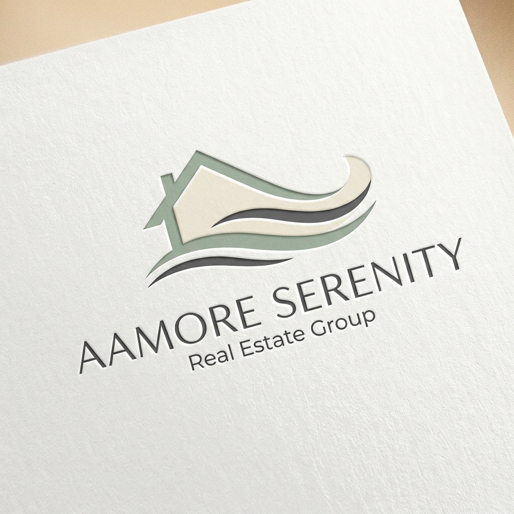 AI Design for A sophisticated and minimalist logo design for a real estate brand named Aamore Serenity. The visual identity should feature elegant, clean typography paired with a subtle, abstract icon representing a home combined with calming, organic lines. Use a refined color palette of soft sage green, warm cream, and charcoal gray, presented against a clean white background with high-end, professional branding aesthetics.