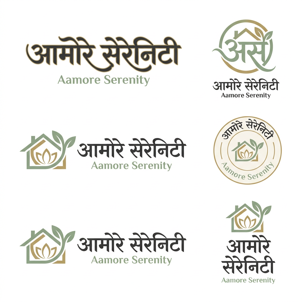 AI Design for Design an ultra-premium, minimalist luxury logo for a real estate brand named "आमोरे सेरेनिटी (Aamore Serenity)". The logo should seamlessly blend elegant Hindi calligraphy (Devanagari) with modern luxury branding aesthetics. Create a timeless monogram or wordmark where the Hindi typography is the focal point, accompanied by a subtle English subtitle: Aamore Serenity.
Incorporate a sophisticated abstract icon that fuses:
a modern house or architectural roofline,
graceful organic leaves symbolizing growth, prosperity, and nature,
gentle flowing curves representing serenity and peaceful living,
optional lotus-inspired geometry or sacred Indian motifs kept extremely minimal,
subtle negative-space integration for a premium, intelligent design.
The overall style should be:
Minimal yet luxurious
High-end real estate branding
Clean geometric construction
Scandinavian simplicity with Indian cultural elegance
Suitable for luxury villas, premium residential projects, and upscale developments
Typography:
Elegant Devanagari lettering with refined thick-and-thin strokes
Modern serif or high-end sans-serif English subtitle
Balanced spacing with perfect visual hierarchy
Color Palette:
Soft Sage Green (#8FA88A)
Warm Ivory/Cream (#F8F5EF)
Deep Charcoal Gray (#333333)
Optional muted gold accents (#B89A5E) for a premium touch
Background:
Pure white
Flat vector style
No gradients
No mockups
No shadows
Crisp, scalable logo suitable for print and digital
Design Keywords:
Luxury • Premium • Minimal • Architectural • Nature-inspired • Sustainable Living • Organic • Elegant • Modern Indian • Timeless • Sophisticated • High-end Branding • Clean Vector • Award-winning Logo Design • Negative Space • Corporate Identity • Luxury Real Estate • Boutique Developer • Serenity • Harmony • Prosperity
Output Requirements:
Create multiple logo concepts including:
Wordmark
Monogram
Icon + Wordmark combination
Circular emblem
Horizontal logo
Vertical logo
