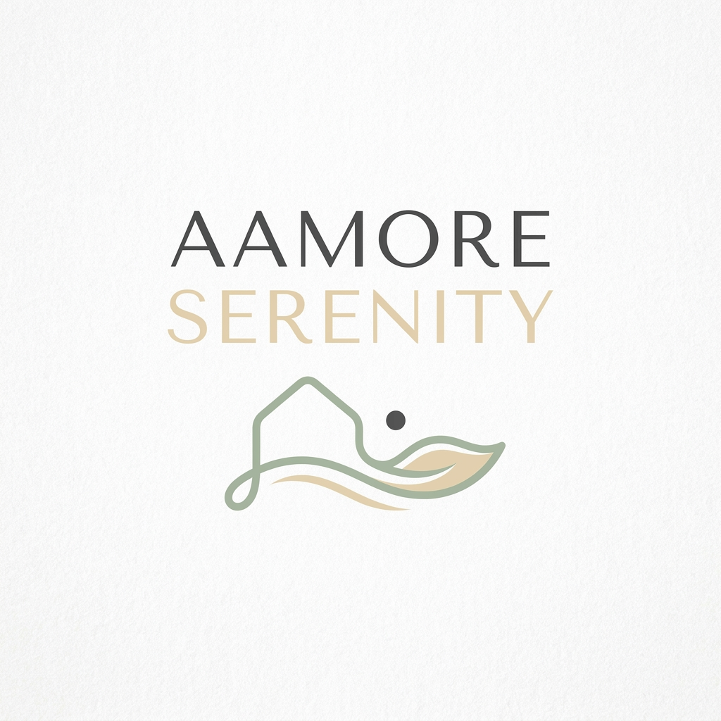 AI Design for A sophisticated and minimalist logo design for a real estate brand named Aamore Serenity. The visual identity should feature elegant, clean typography paired with a subtle, abstract icon representing a home combined with calming, organic lines. Use a refined color palette of soft sage green, warm cream, and charcoal gray, presented against a clean white background with high-end, professional branding aesthetics.