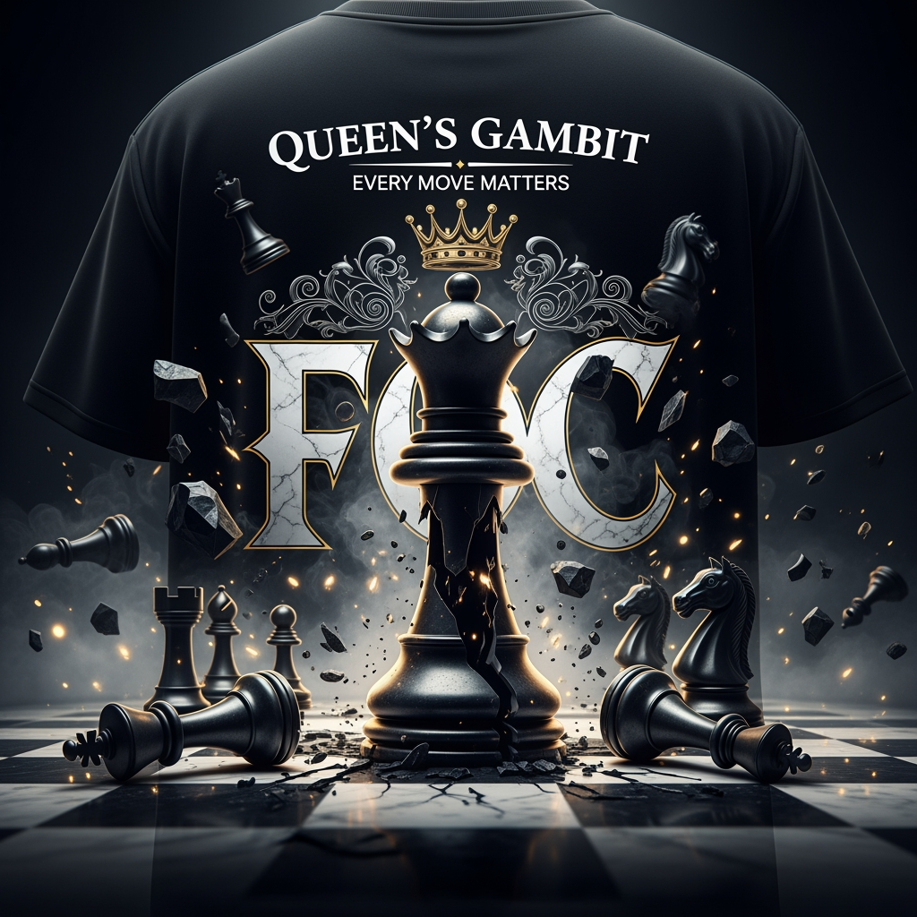 AI Design for **Queen's Gambit – Premium Streetwear Back Graphic Prompt**
> Create a luxury oversized streetwear T-shirt back graphic centered around the theme **"QUEEN'S GAMBIT"**. The design should feature a monumental, highly detailed black chess queen emerging from darkness as the dominant focal element. Behind the queen, place a dramatic oversized **FOC** typography in bold gothic-serif lettering, partially hidden by smoke and shadows.
>
> Surround the queen with shattered chess pieces (kings, rooks, bishops, knights) scattered across a cracked marble chessboard, symbolizing strategic dominance and victory. Add floating chess pieces suspended in mid-air, creating a cinematic battlefield atmosphere.
>
> Include subtle royal elements such as a floating crown above the queen, intricate ornamental flourishes, and elegant gold accents. The composition should feel powerful, intelligent, and authoritative rather than aggressive.
>
> Typography:
>
> * Main title: **QUEEN'S GAMBIT**
> * Secondary text: **"EVERY MOVE MATTERS"**
> * Massive hidden background text: **FOC**
> * Premium gothic typography with sharp details and luxury fashion aesthetics
>
> Art Style:
>
> * High-end streetwear graphic
> * Dark luxury aesthetic
> * Hyper-detailed illustration
> * Dramatic lighting
> * Cinematic shadows
> * Smoke, dust particles, and floating debris
> * Premium fashion brand quality
> * Perfect for oversized back-print apparel
>
> Color Palette:
>
> * Deep black
> * Metallic silver
> * Marble white
> * Subtle gold highlights
> * High contrast lighting
>
> Composition:
>
> * Symmetrical and centered
> * Large queen occupying 70% of the design
> * Dynamic depth and layering
> * Clean negative space around edges
> * Screen-print ready
> * Ultra-sharp details
> * 4K professional apparel mockup quality
>
> Mood:
>
> **Strategic. Elite. Fearless. Royal. Intelligent. Untouchable.**