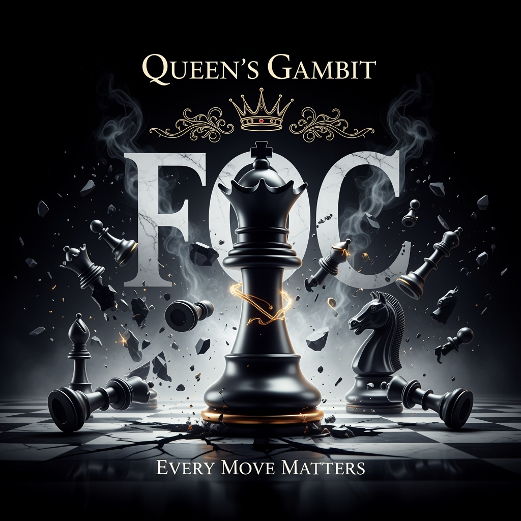 AI Design for **Queen's Gambit – Premium Streetwear Back Graphic Prompt**

> Create a luxury oversized streetwear T-shirt back graphic centered around the theme **"QUEEN'S GAMBIT"**. The design should feature a monumental, highly detailed black chess queen emerging from darkness as the dominant focal element. Behind the queen, place a dramatic oversized **FOC** typography in bold gothic-serif lettering, partially hidden by smoke and shadows.
>
> Surround the queen with shattered chess pieces (kings, rooks, bishops, knights) scattered across a cracked marble chessboard, symbolizing strategic dominance and victory. Add floating chess pieces suspended in mid-air, creating a cinematic battlefield atmosphere.
>
> Include subtle royal elements such as a floating crown above the queen, intricate ornamental flourishes, and elegant gold accents. The composition should feel powerful, intelligent, and authoritative rather than aggressive.
>
> Typography:
>
> * Main title: **QUEEN'S GAMBIT**
> * Secondary text: **"EVERY MOVE MATTERS"**
> * Massive hidden background text: **FOC**
> * Premium gothic typography with sharp details and luxury fashion aesthetics
>
> Art Style:
>
> * High-end streetwear graphic
> * Dark luxury aesthetic
> * Hyper-detailed illustration
> * Dramatic lighting
> * Cinematic shadows
> * Smoke, dust particles, and floating debris
> * Premium fashion brand quality
> * Perfect for oversized back-print apparel
>
> Color Palette:
>
> * Deep black
> * Metallic silver
> * Marble white
> * Subtle gold highlights
> * High contrast lighting
>
> Composition:
>
> * Symmetrical and centered
> * Large queen occupying 70% of the design
> * Dynamic depth and layering
> * Clean negative space around edges
> * Screen-print ready
> * Ultra-sharp details
> * 4K professional apparel mockup quality
>
> Mood:
>
> **Strategic. Elite. Fearless. Royal. Intelligent. Untouchable.**