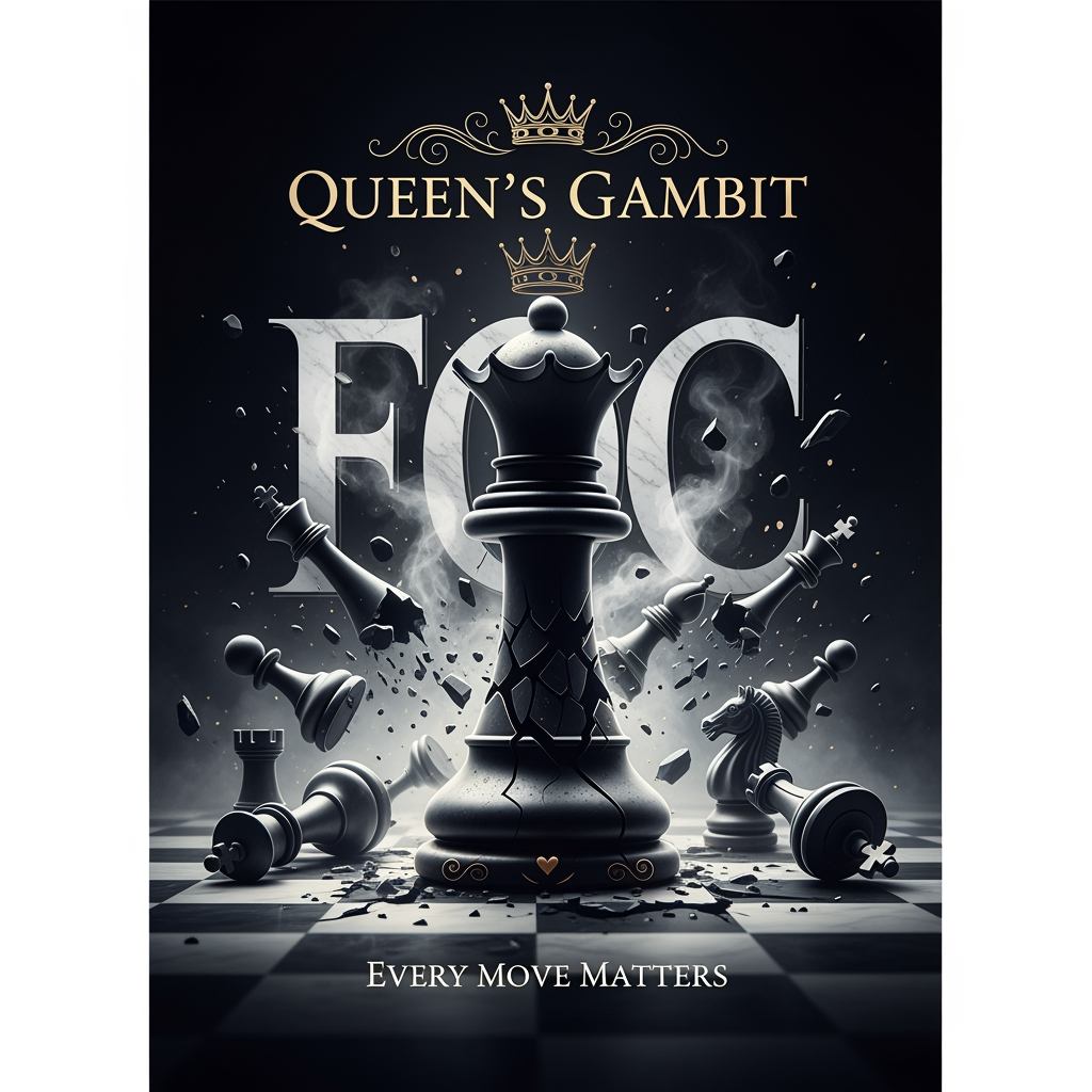 AI Design for **Queen's Gambit – Premium Streetwear Back Graphic Prompt**

> Create a luxury oversized streetwear T-shirt back graphic centered around the theme **"QUEEN'S GAMBIT"**. The design should feature a monumental, highly detailed black chess queen emerging from darkness as the dominant focal element. Behind the queen, place a dramatic oversized **FOC** typography in bold gothic-serif lettering, partially hidden by smoke and shadows.
>
> Surround the queen with shattered chess pieces (kings, rooks, bishops, knights) scattered across a cracked marble chessboard, symbolizing strategic dominance and victory. Add floating chess pieces suspended in mid-air, creating a cinematic battlefield atmosphere.
>
> Include subtle royal elements such as a floating crown above the queen, intricate ornamental flourishes, and elegant gold accents. The composition should feel powerful, intelligent, and authoritative rather than aggressive.
>
> Typography:
>
> * Main title: **QUEEN'S GAMBIT**
> * Secondary text: **"EVERY MOVE MATTERS"**
> * Massive hidden background text: **FOC**
> * Premium gothic typography with sharp details and luxury fashion aesthetics
>
> Art Style:
>
> * High-end streetwear graphic
> * Dark luxury aesthetic
> * Hyper-detailed illustration
> * Dramatic lighting
> * Cinematic shadows
> * Smoke, dust particles, and floating debris
> * Premium fashion brand quality
> * Perfect for oversized back-print apparel
>
> Color Palette:
>
> * Deep black
> * Metallic silver
> * Marble white
> * Subtle gold highlights
> * High contrast lighting
>
> Composition:
>
> * Symmetrical and centered
> * Large queen occupying 70% of the design
> * Dynamic depth and layering
> * Clean negative space around edges
> * Screen-print ready
> * Ultra-sharp details
> * 4K professional apparel mockup quality
>
> Mood:
>
> **Strategic. Elite. Fearless. Royal. Intelligent. Untouchable.**
