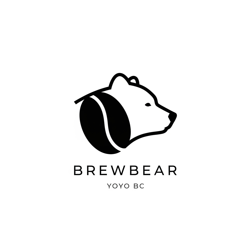 AI Design for Design a premium minimalist vector logo for a specialty coffee brand called "BrewBear." Create a timeless, modern logo that subtly combines a bear and a coffee bean using elegant negative space. The bear should feel calm, sophisticated, and iconic—not cartoonish or childish. Use clean geometric shapes, balanced proportions, and flat vector styling inspired by Scandinavian and Japanese minimalist design. Pair the icon with a refined custom wordmark reading "BrewBear." Use a monochrome black logo on a white background with no gradients, no shadows, no mockups, and no background textures. The logo should be scalable and suitable for coffee packaging, café signage, merchandise, mobile apps, and premium branding. use YOYO BC font