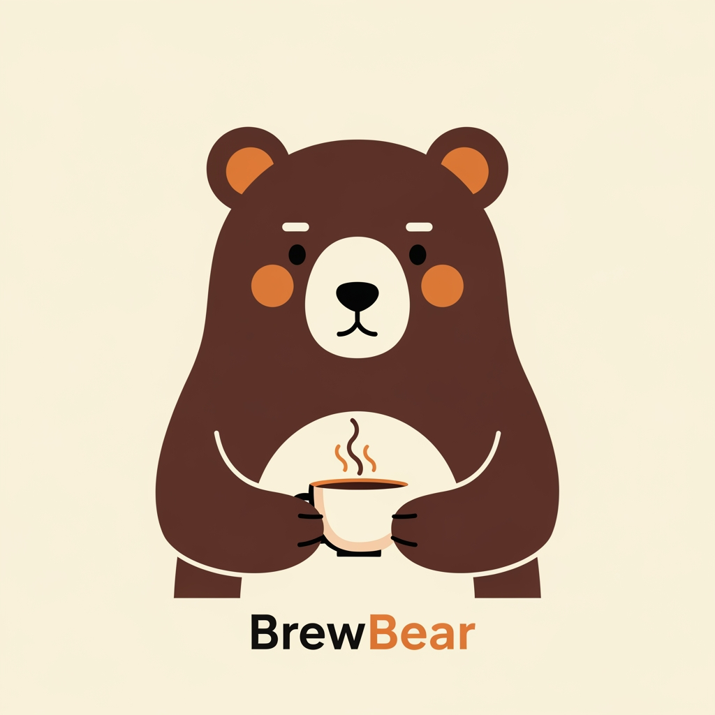 AI Design for Design a minimalist mascot for "BrewBear," a premium specialty coffee brand. Create a friendly but sophisticated bear with simple geometric shapes, clean curves, and subtle facial features. The bear should hold a small coffee cup naturally without looking cartoonish. Use flat vector illustration, warm and modern styling, suitable for coffee packaging, café cups, tote bags, and stickers. Inspired by Scandinavian and Japanese minimal character design. Avoid exaggerated expressions, thick outlines, or childish proportions.