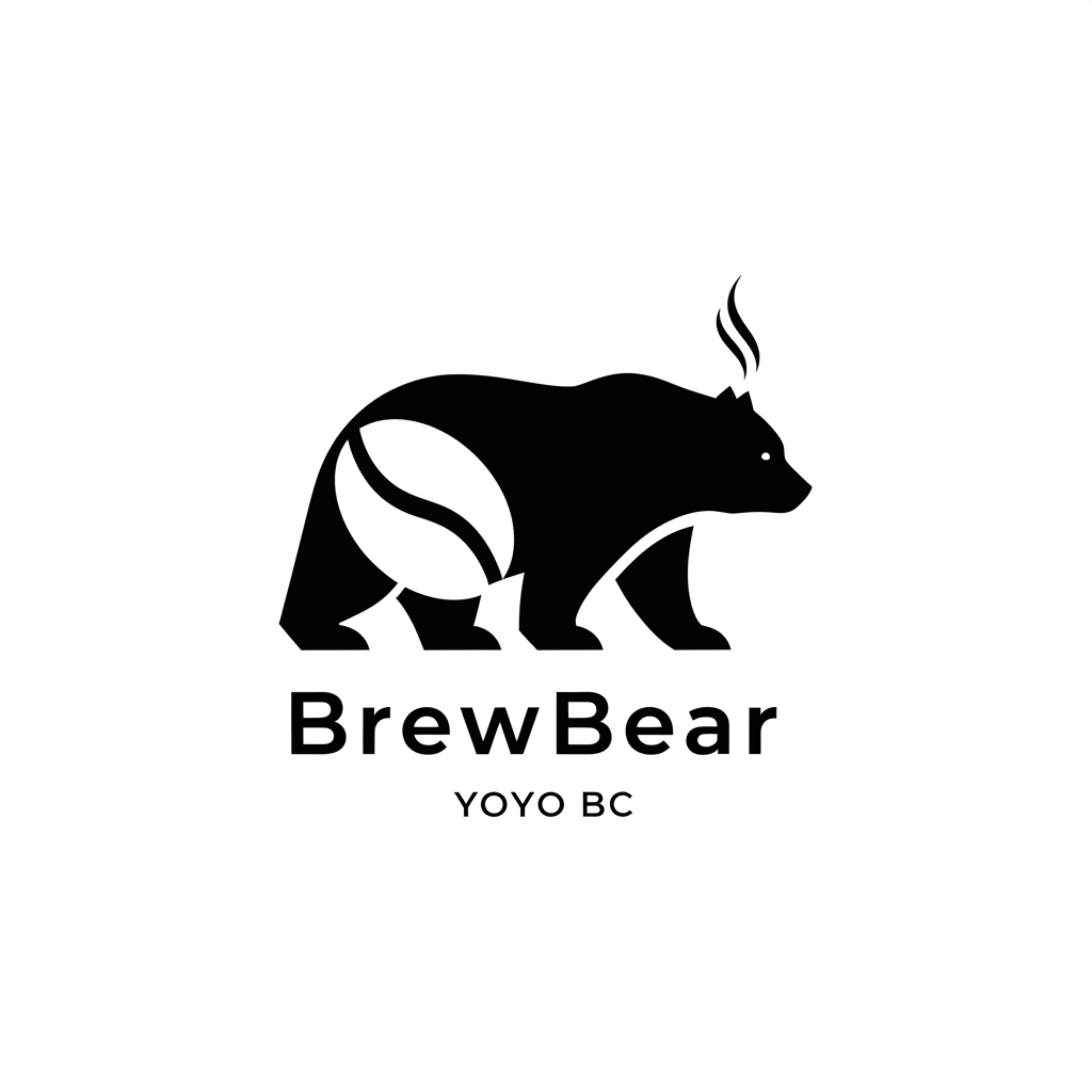 AI Design for Design a premium minimalist vector logo for a specialty coffee brand called "BrewBear." Create a timeless, modern logo that subtly combines a bear and a coffee bean using elegant negative space. The bear should feel calm, sophisticated, and iconic—not cartoonish or childish. Use clean geometric shapes, balanced proportions, and flat vector styling inspired by Scandinavian and Japanese minimalist design. Pair the icon with a refined custom wordmark reading "BrewBear." Use a monochrome black logo on a white background with no gradients, no shadows, no mockups, and no background textures. The logo should be scalable and suitable for coffee packaging, café signage, merchandise, mobile apps, and premium branding. use YOYO BC font