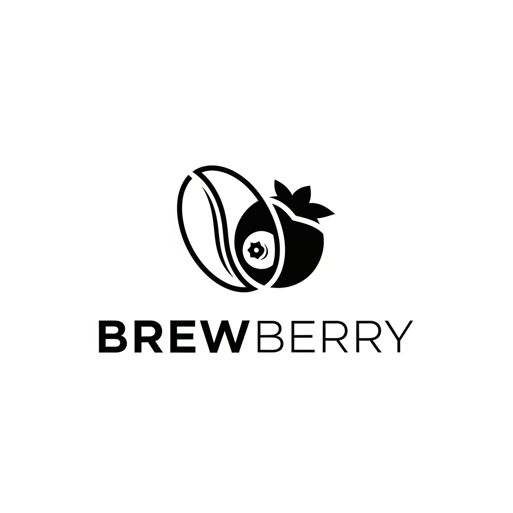 AI Design for Design a premium minimalist vector logo for a specialty coffee brand named "BrewBerry." Create a timeless wordmark combined with a unique symbol that subtly blends a coffee bean and a berry using elegant negative space. Avoid coffee cups, mugs, steam, or generic café icons. Use clean geometric shapes, balanced proportions, and modern luxury branding inspired by Scandinavian and Japanese minimalism. The style should feel sophisticated, warm, artisan, and memorable. Use a monochrome black version on a plain white background. Ensure the logo is scalable, flat, vector-style, with no gradients, no shadows, and no mockups.