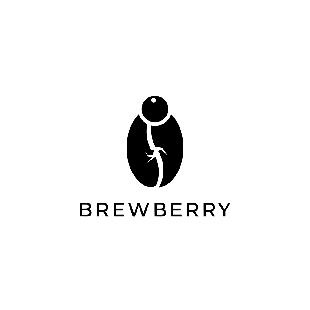 AI Design for Design a premium minimalist vector logo for a specialty coffee brand named "BrewBerry." Create a timeless wordmark combined with a unique symbol that subtly blends a coffee bean and a berry using elegant negative space. Avoid coffee cups, mugs, steam, or generic café icons. Use clean geometric shapes, balanced proportions, and modern luxury branding inspired by Scandinavian and Japanese minimalism. The style should feel sophisticated, warm, artisan, and memorable. Use a monochrome black version on a plain white background. Ensure the logo is scalable, flat, vector-style, with no gradients, no shadows, and no mockups.