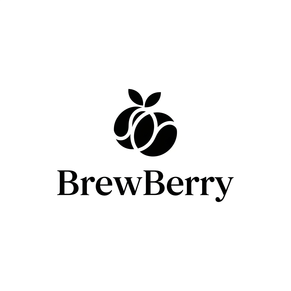 AI Design for Design a premium minimalist vector logo for a specialty coffee brand named "BrewBerry." Create a timeless wordmark combined with a unique symbol that subtly blends a coffee bean and a berry using elegant negative space. Avoid coffee cups, mugs, steam, or generic café icons. Use clean geometric shapes, balanced proportions, and modern luxury branding inspired by Scandinavian and Japanese minimalism. The style should feel sophisticated, warm, artisan, and memorable. Use a monochrome black version on a plain white background. Ensure the logo is scalable, flat, vector-style, with no gradients, no shadows, and no mockups.