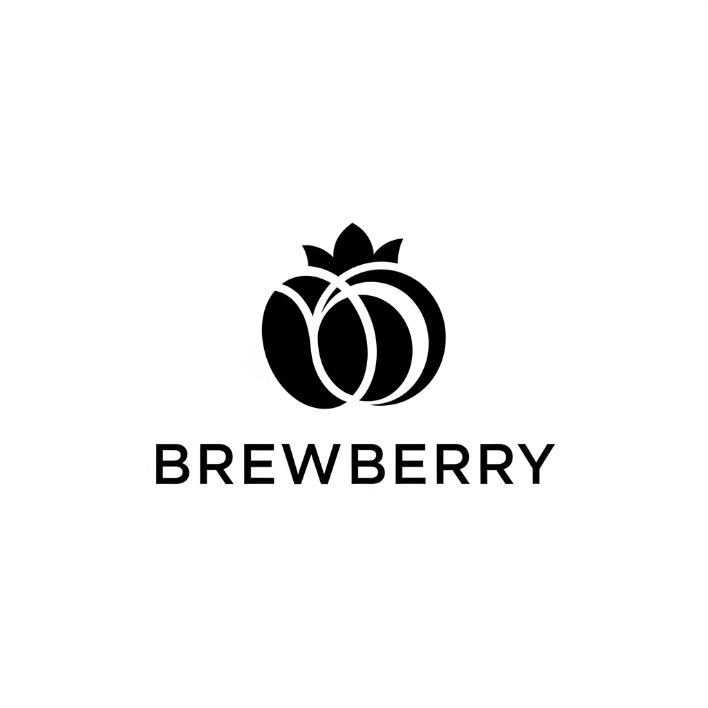 AI Design for Design a premium minimalist vector logo for a specialty coffee brand named "BrewBerry." Create a timeless wordmark combined with a unique symbol that subtly blends a coffee bean and a berry using elegant negative space. Avoid coffee cups, mugs, steam, or generic café icons. Use clean geometric shapes, balanced proportions, and modern luxury branding inspired by Scandinavian and Japanese minimalism. The style should feel sophisticated, warm, artisan, and memorable. Use a monochrome black version on a plain white background. Ensure the logo is scalable, flat, vector-style, with no gradients, no shadows, and no mockups.